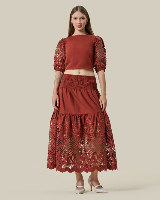Terracotta Lattice-Sleeve Crop Top