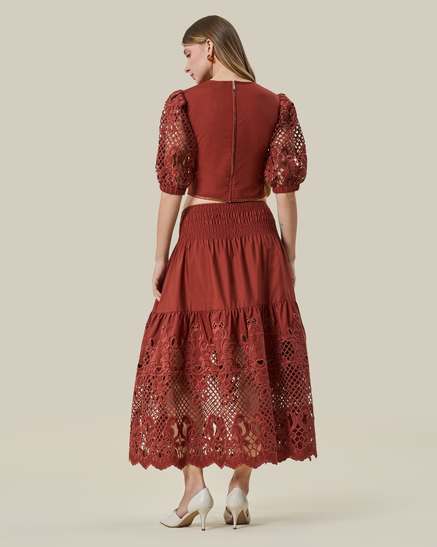 Terracotta Lattice-Sleeve Crop Top