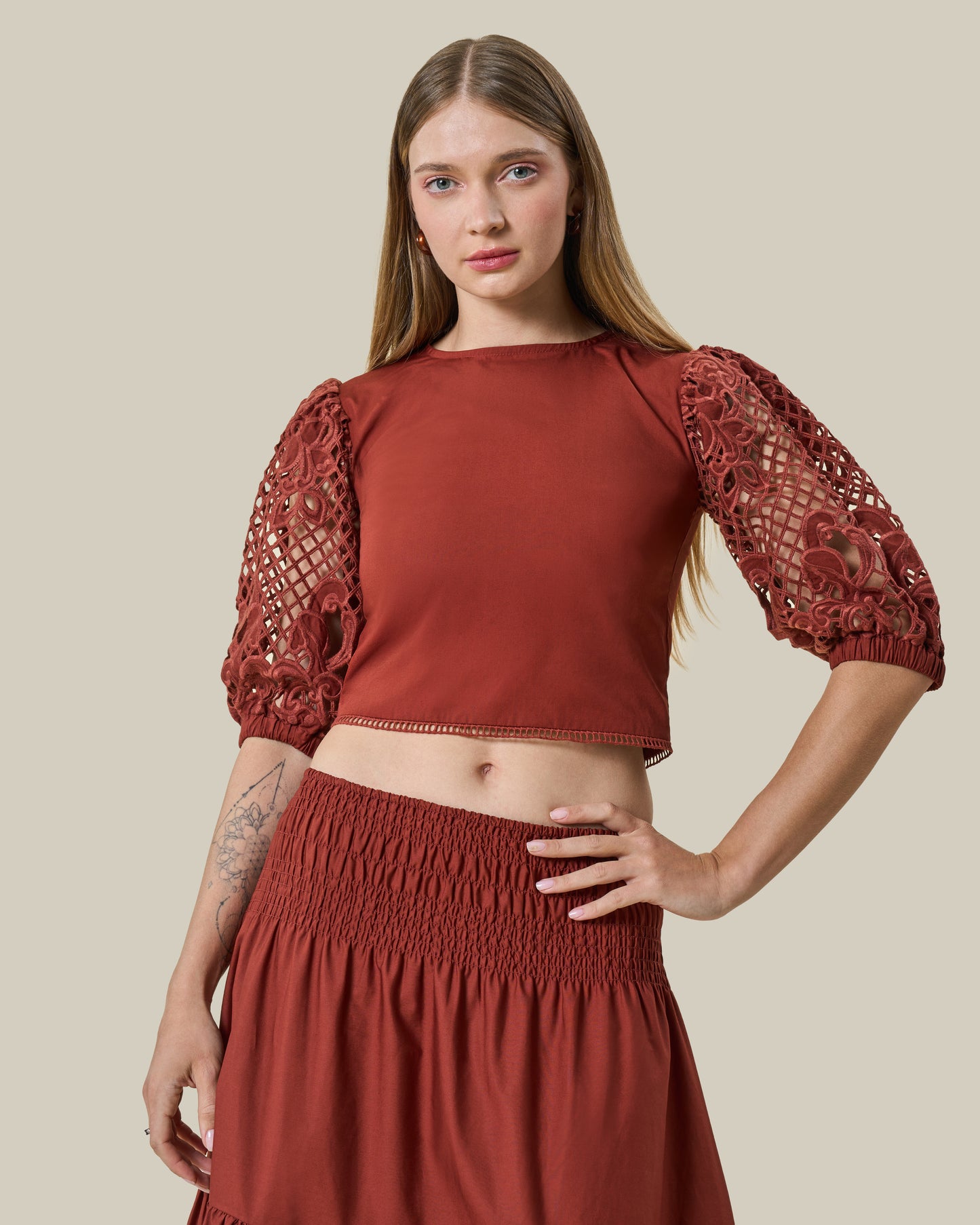 Terracotta Lattice-Sleeve Crop Top