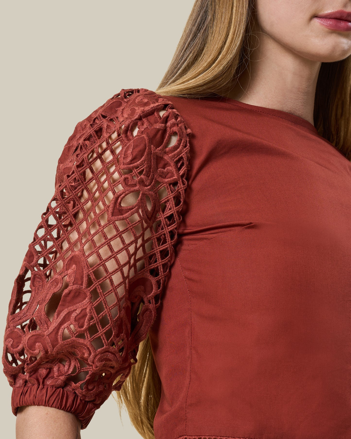 Terracotta Lattice-Sleeve Crop Top