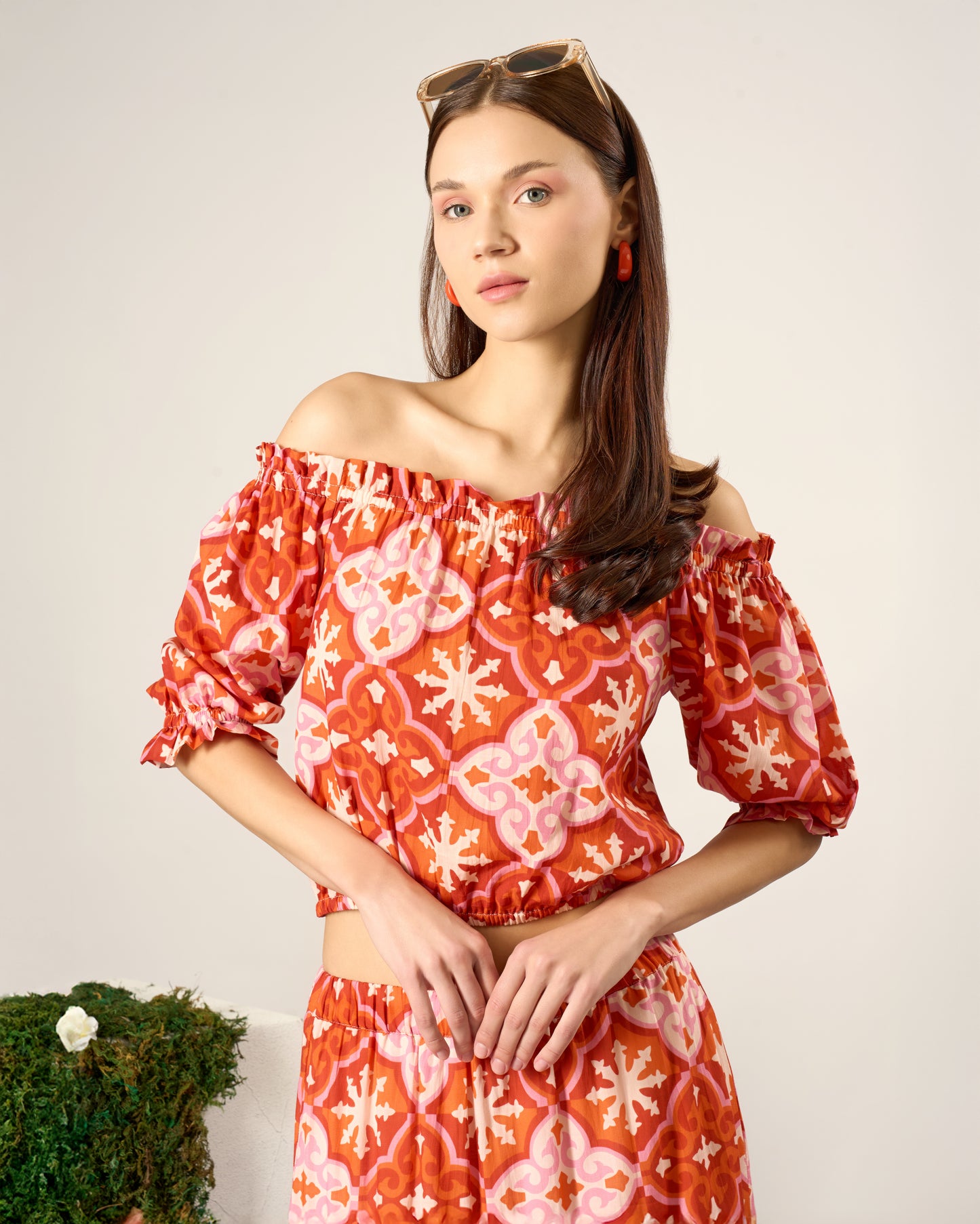 Tile Print Off-Shoulder Top
