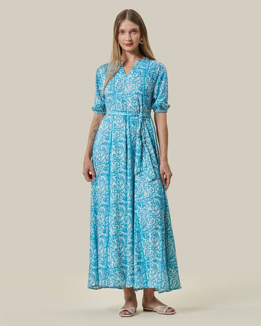 Turquoise Floral Belted Maxi Dress