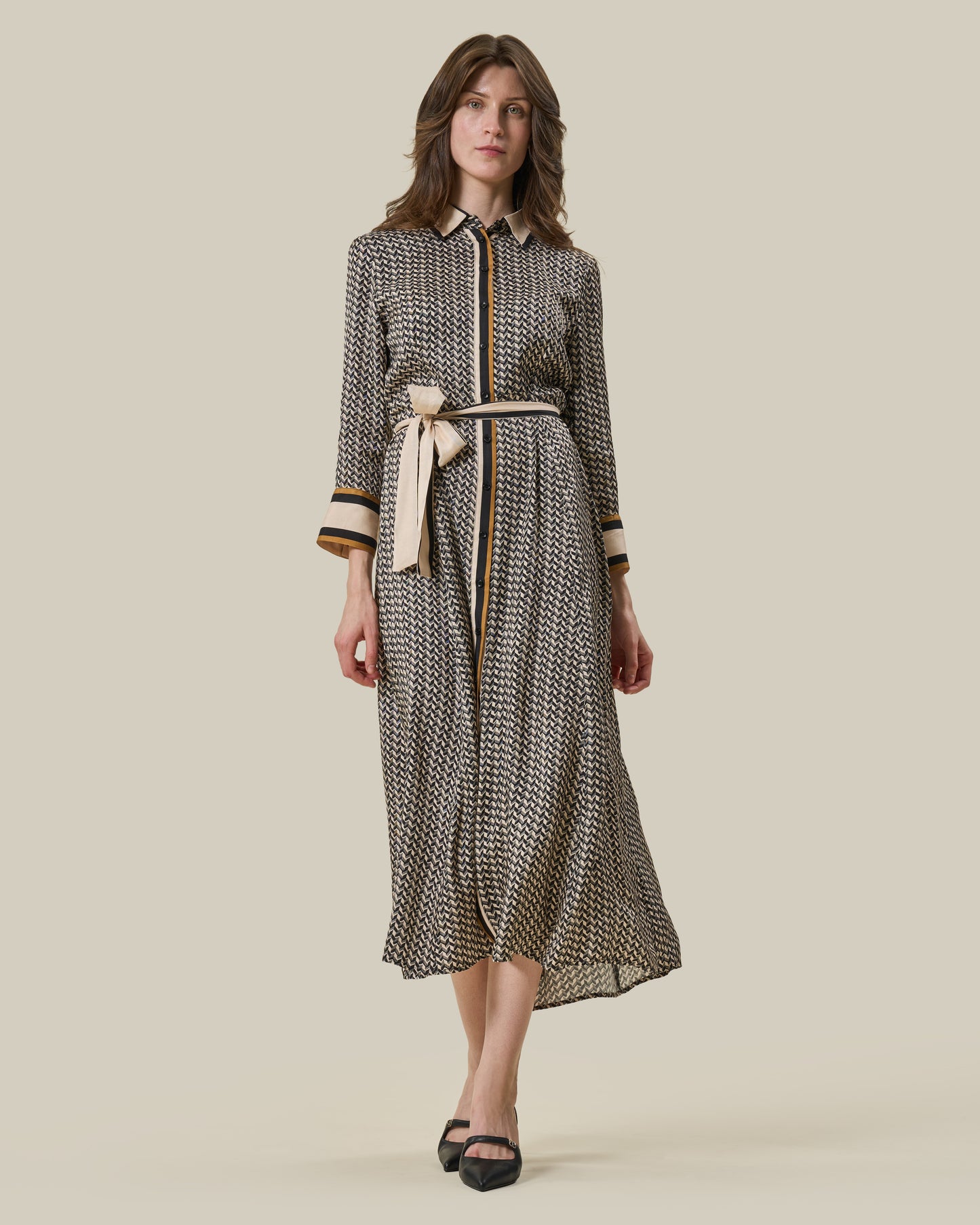 Geometric Printed Belted Shirt Dress