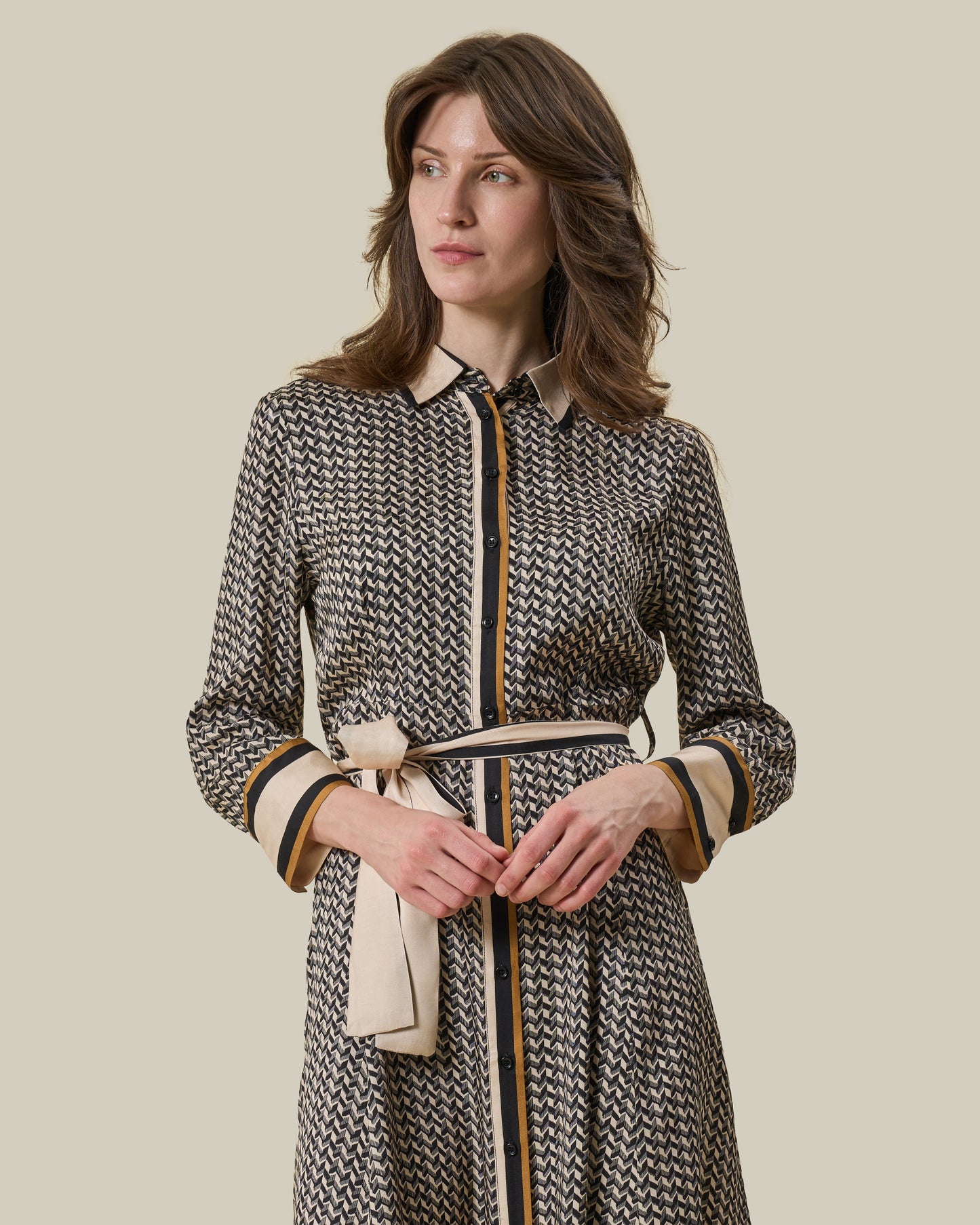 Geometric Printed Belted Shirt Dress
