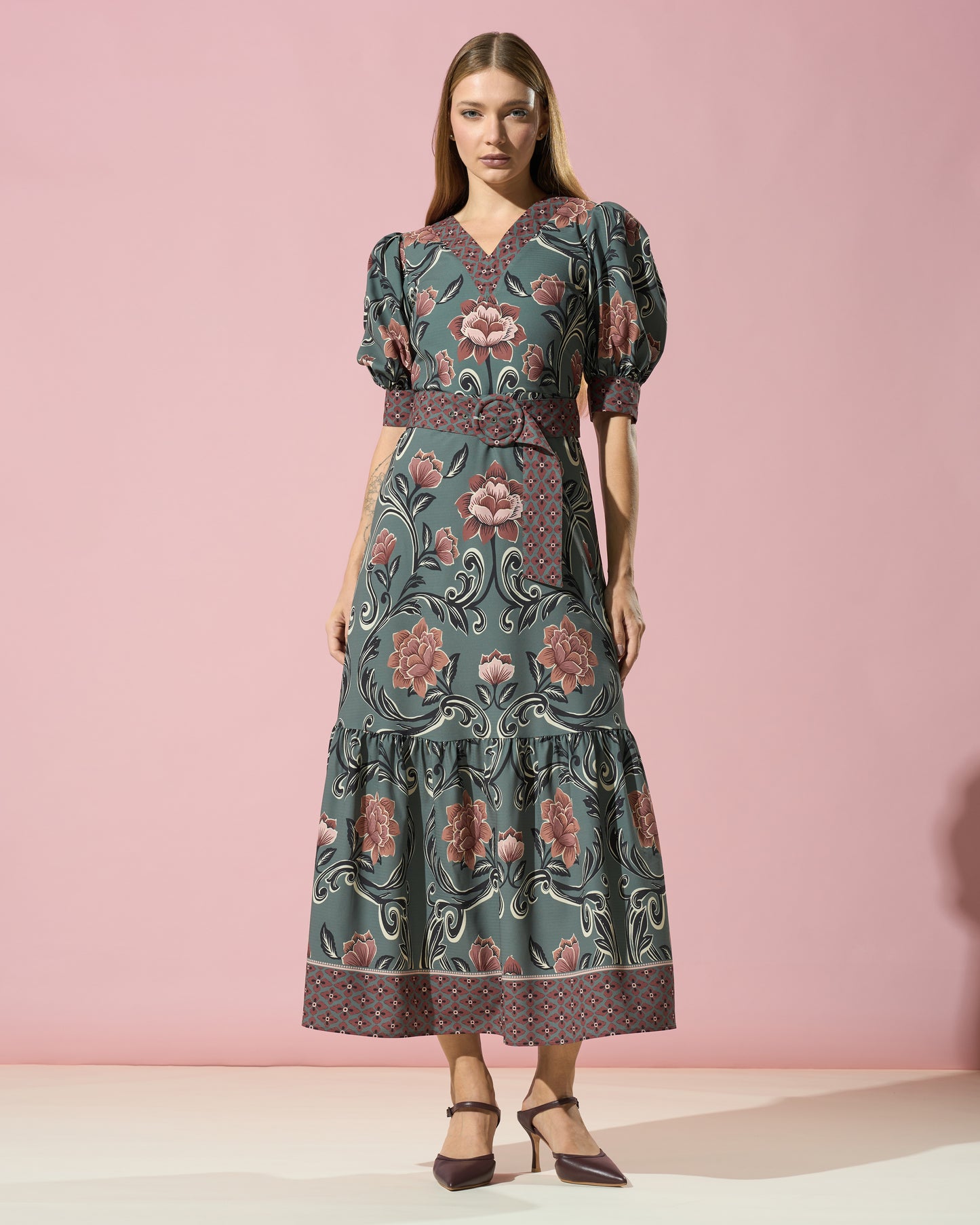 Balloon-Sleeve Floral Dress