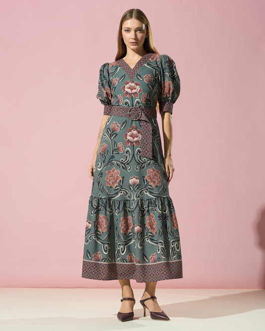 Balloon-Sleeve Floral Dress