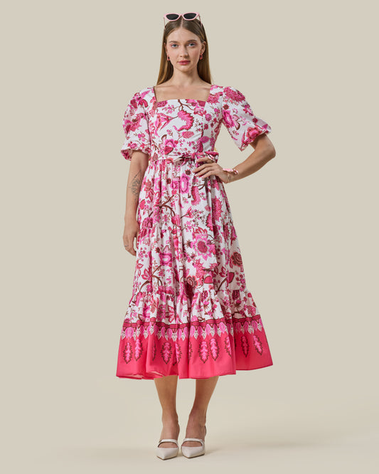 Fuchsia Botanical Tiered Midi Dress