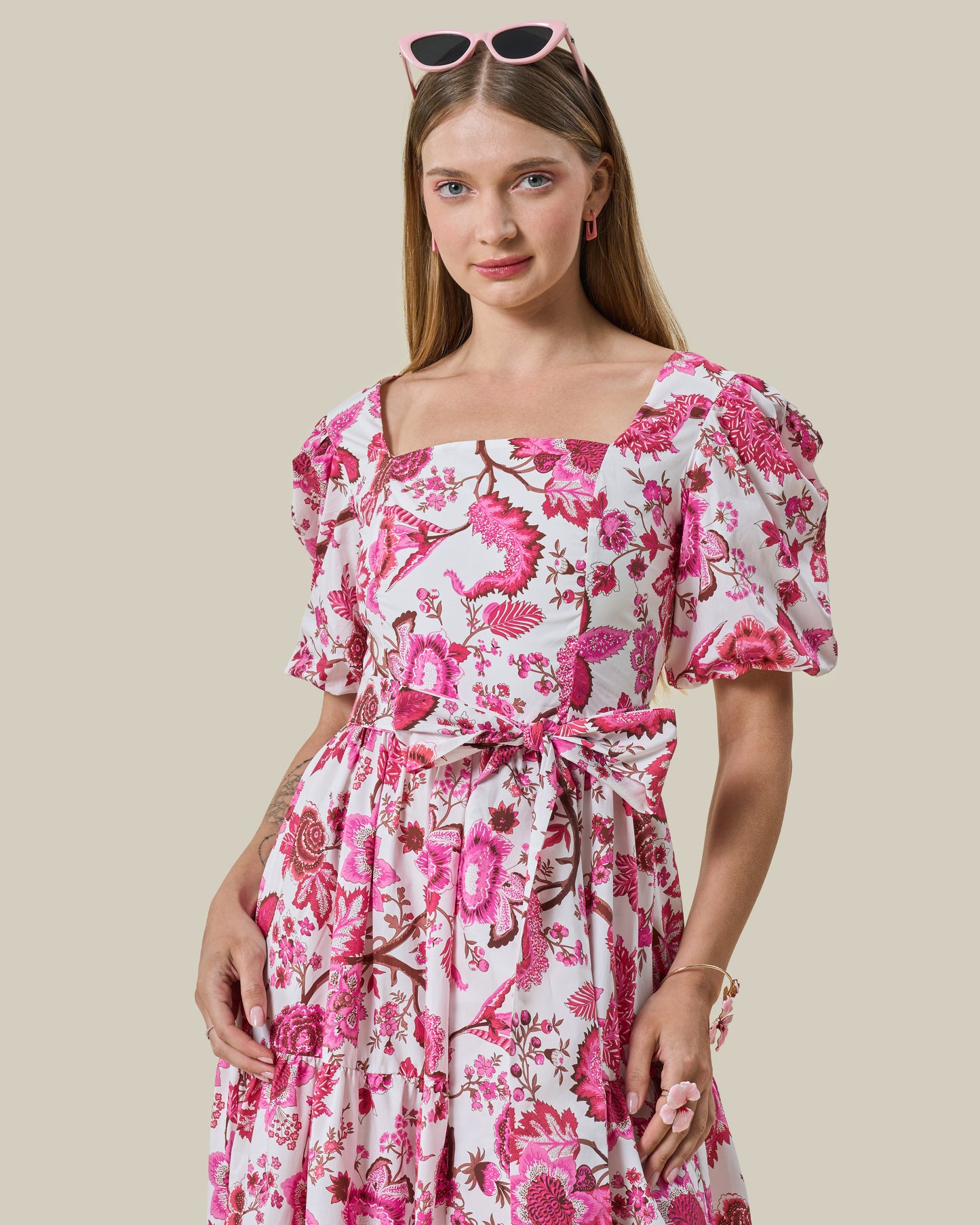 Fuchsia Botanical Tiered Midi Dress