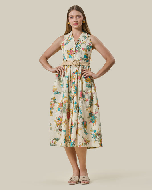 Botanical Garden Linen Sleeveless Shirt Dress