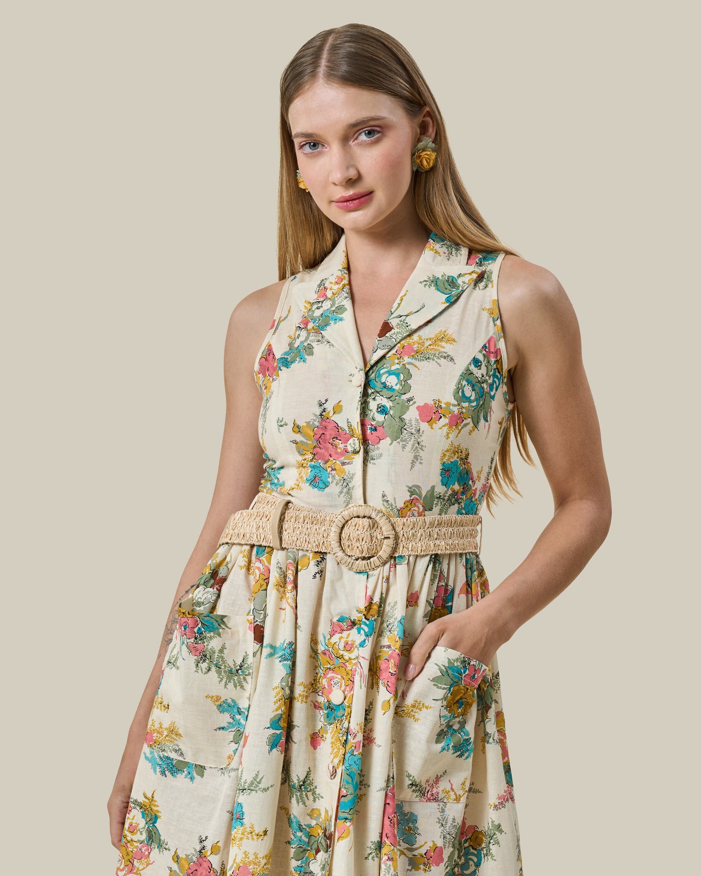 Botanical Garden Linen Sleeveless Shirt Dress