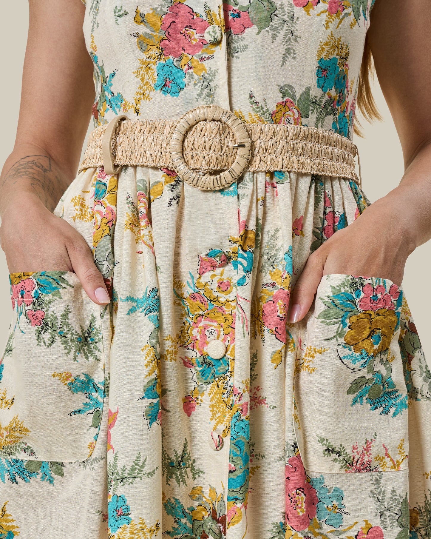 Botanical Garden Linen Sleeveless Shirt Dress