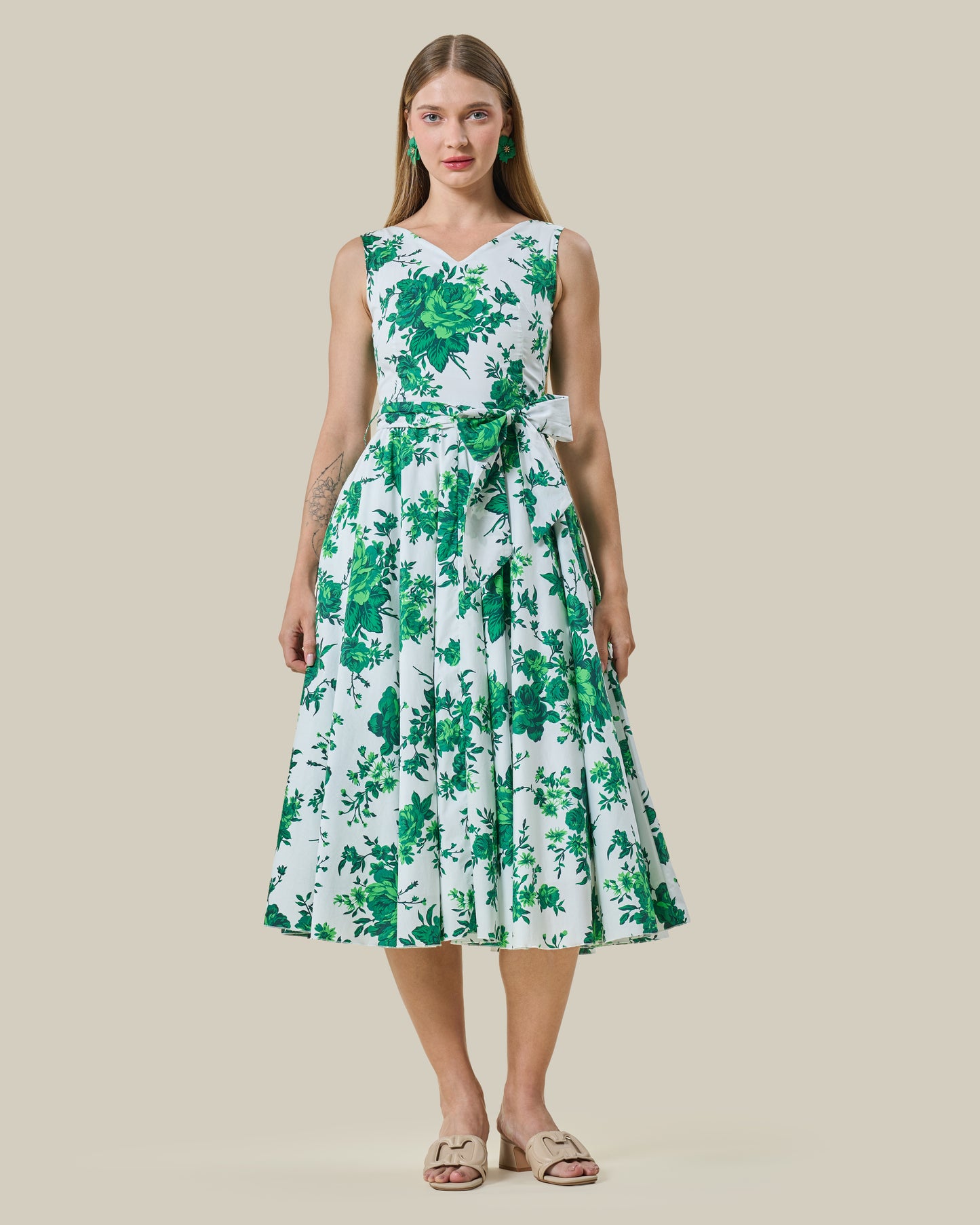 Emerald Floral Belted Midi Dress