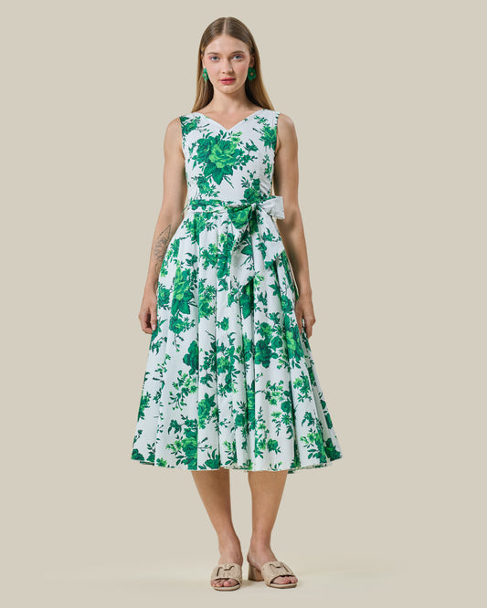 Emerald Floral Belted Midi Dress