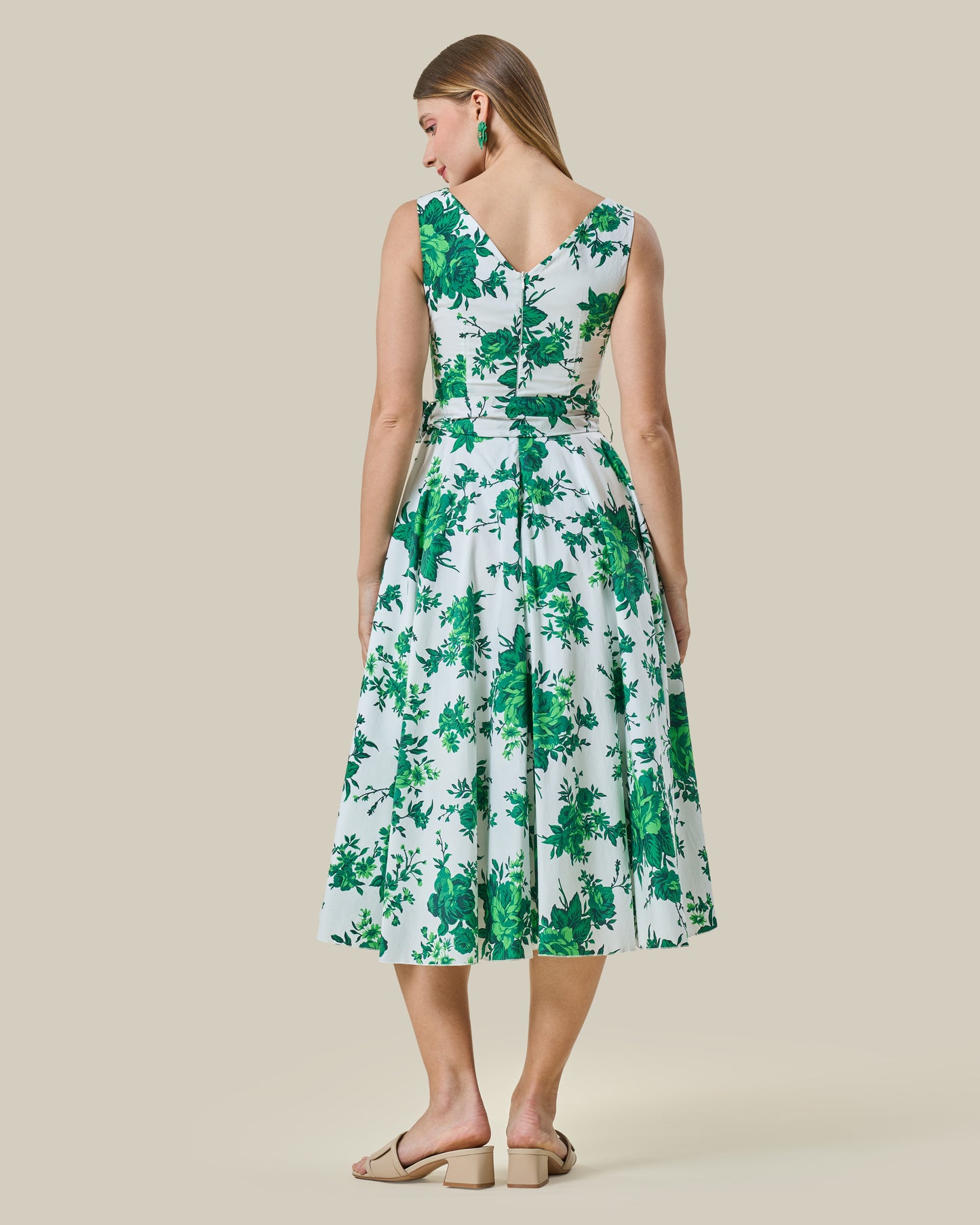 Emerald Floral Belted Midi Dress