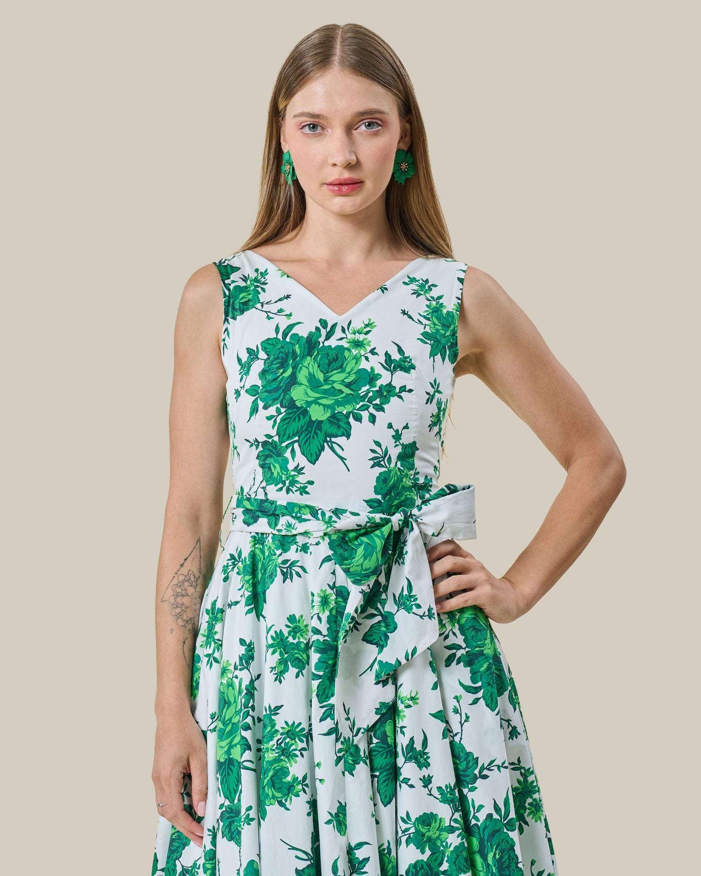 Emerald Floral Belted Midi Dress