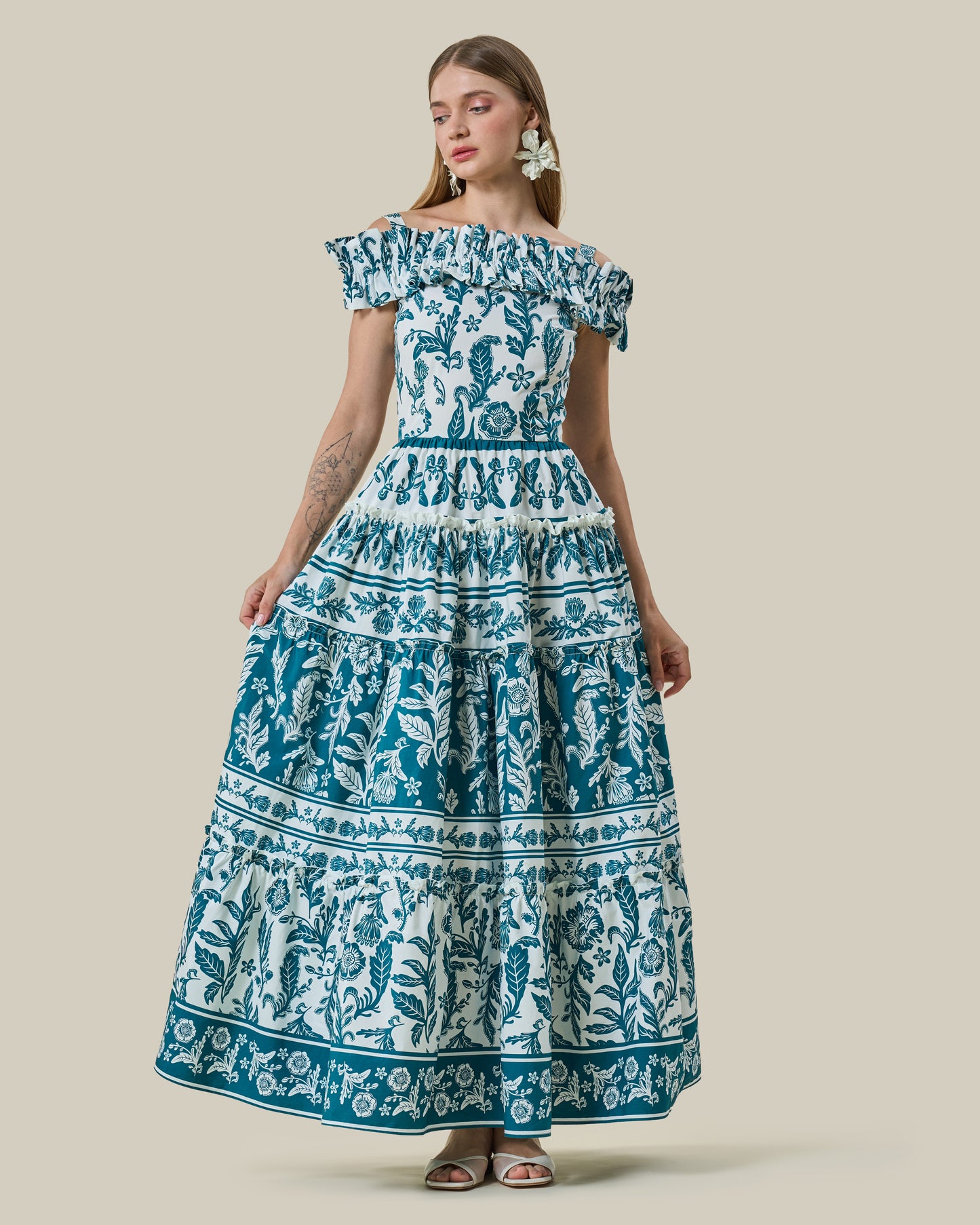 Teal Botanical Printed Off-the-Shoulder Maxi Dress