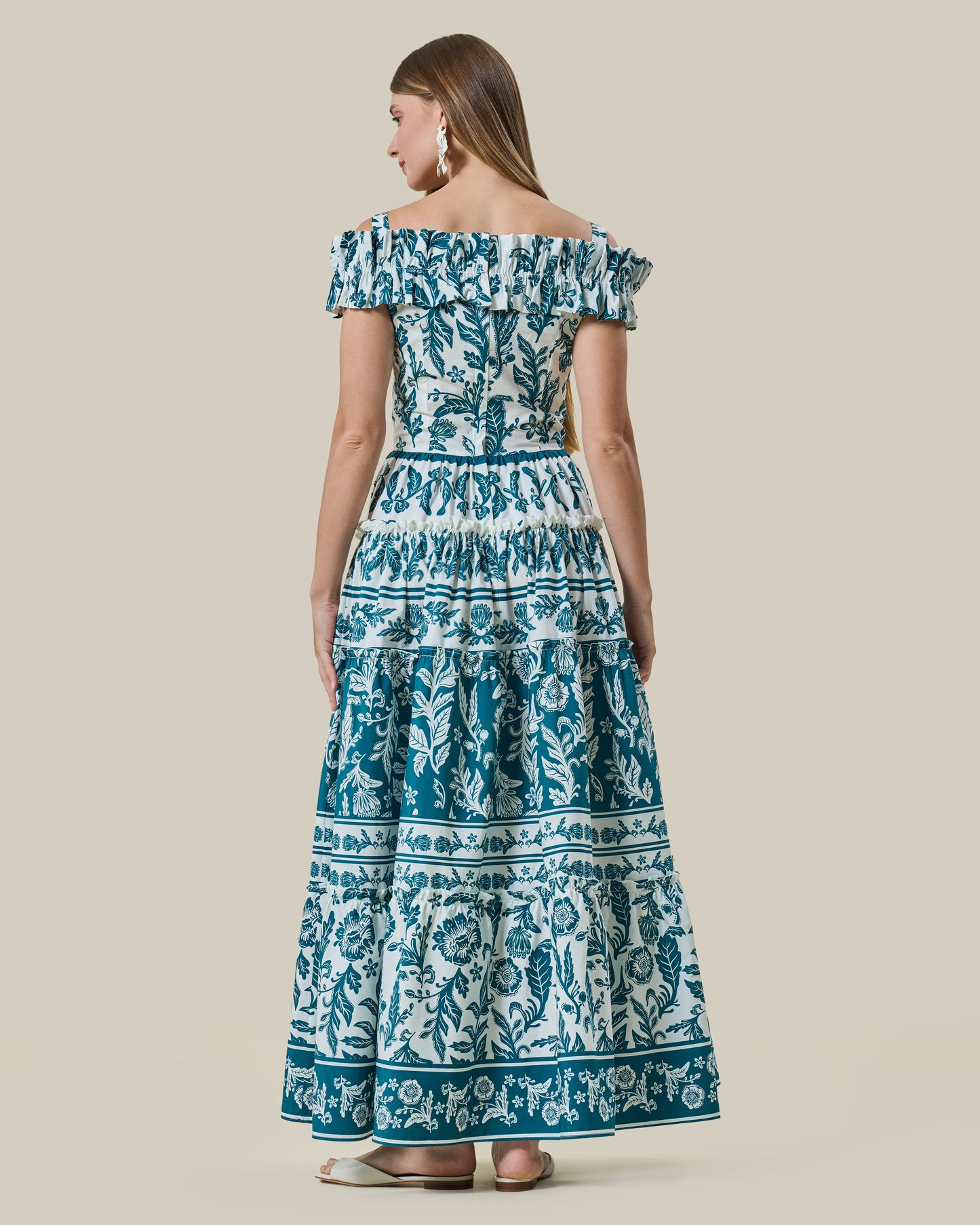 Teal Botanical Printed Off-the-Shoulder Maxi Dress