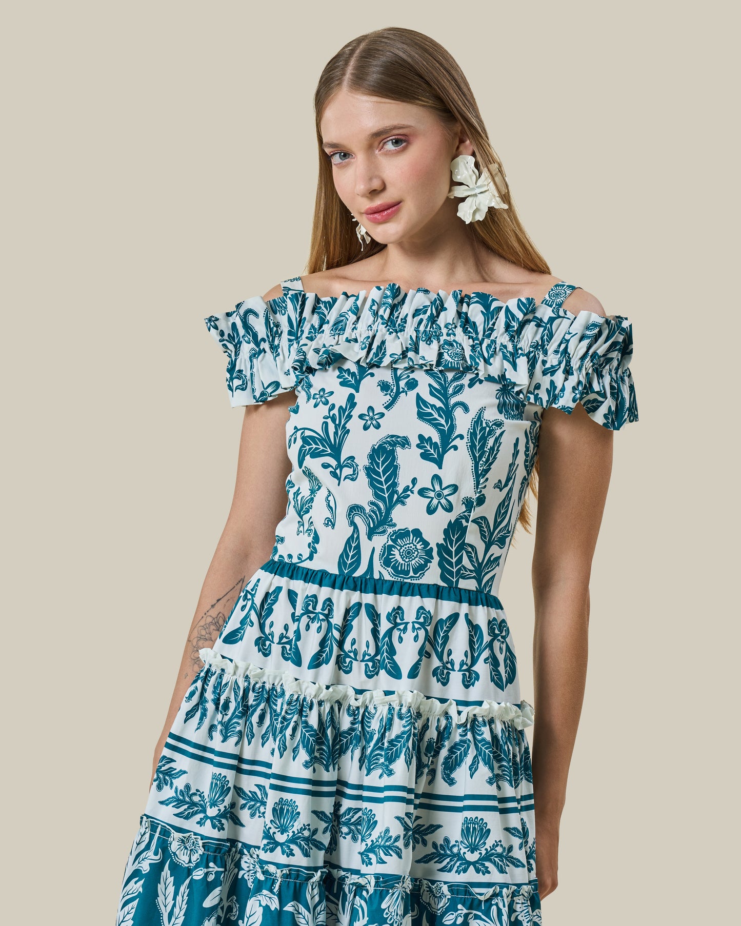 Teal Botanical Printed Off-the-Shoulder Maxi Dress