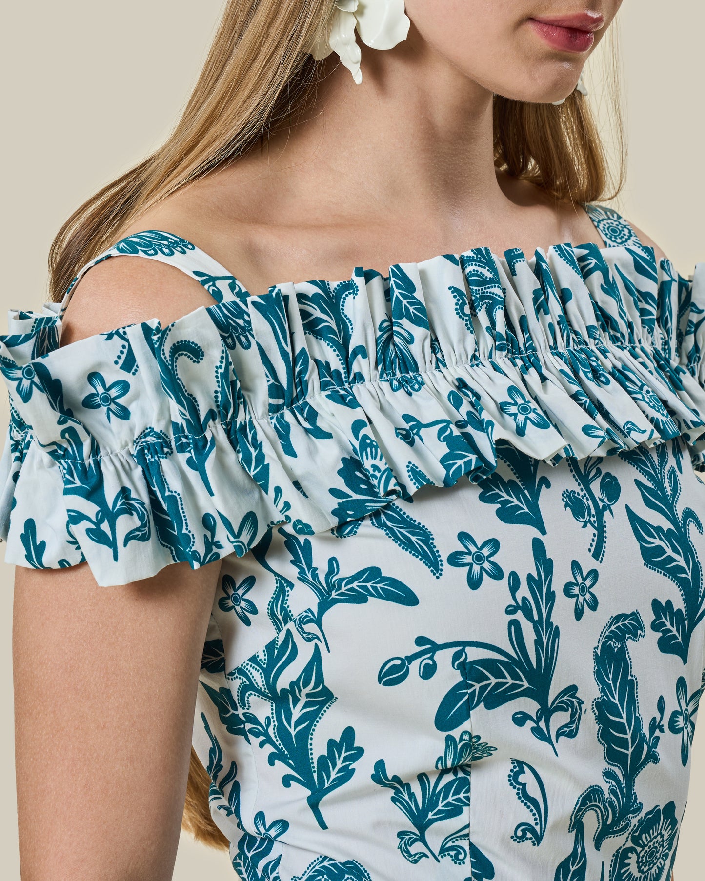 Teal Botanical Printed Off-the-Shoulder Maxi Dress