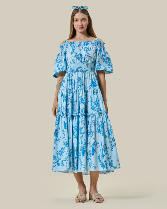 Sky Blue Botanical Off-Shoulder Midi Dress