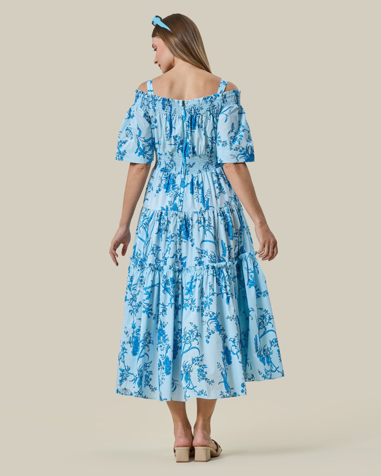 Sky Blue Botanical Off-Shoulder Midi Dress
