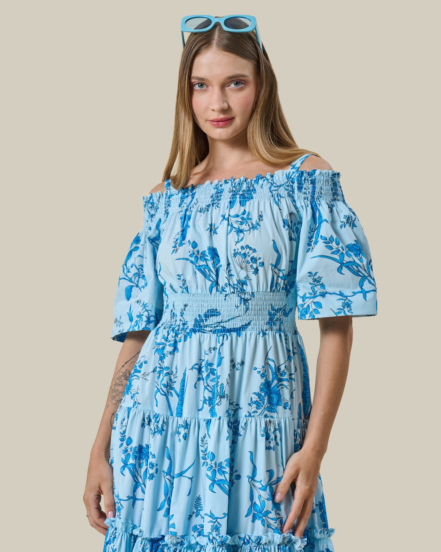 Sky Blue Botanical Off-Shoulder Midi Dress