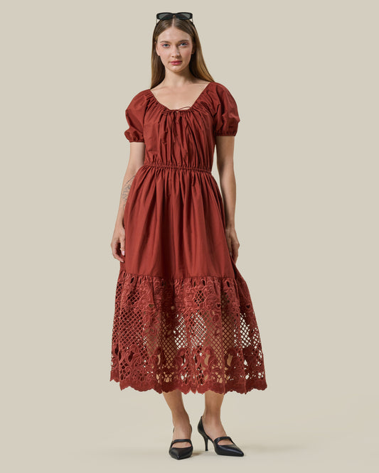 Terracotta Cutout Embroidery Midi Dress