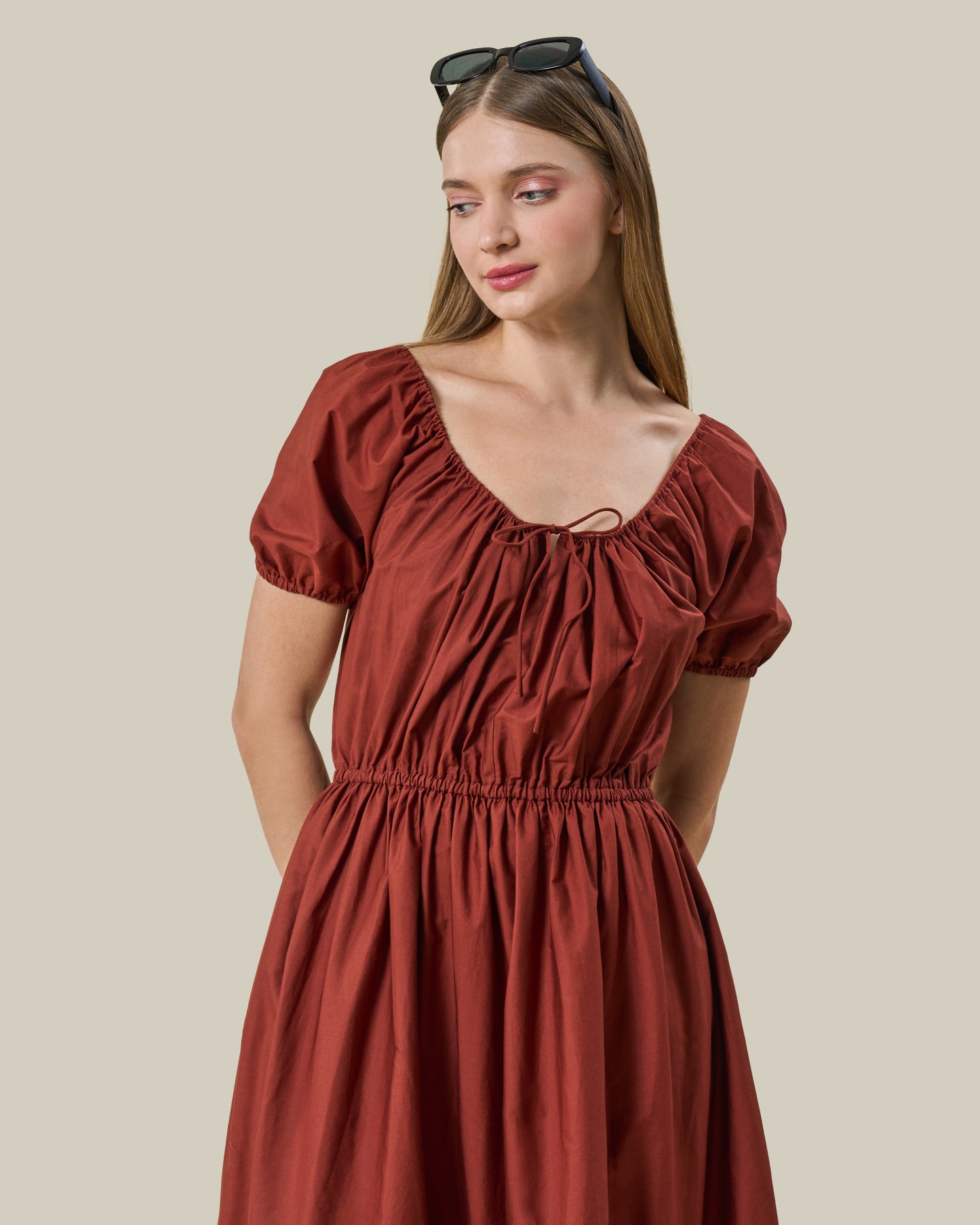 Terracotta Cutout Embroidery Midi Dress