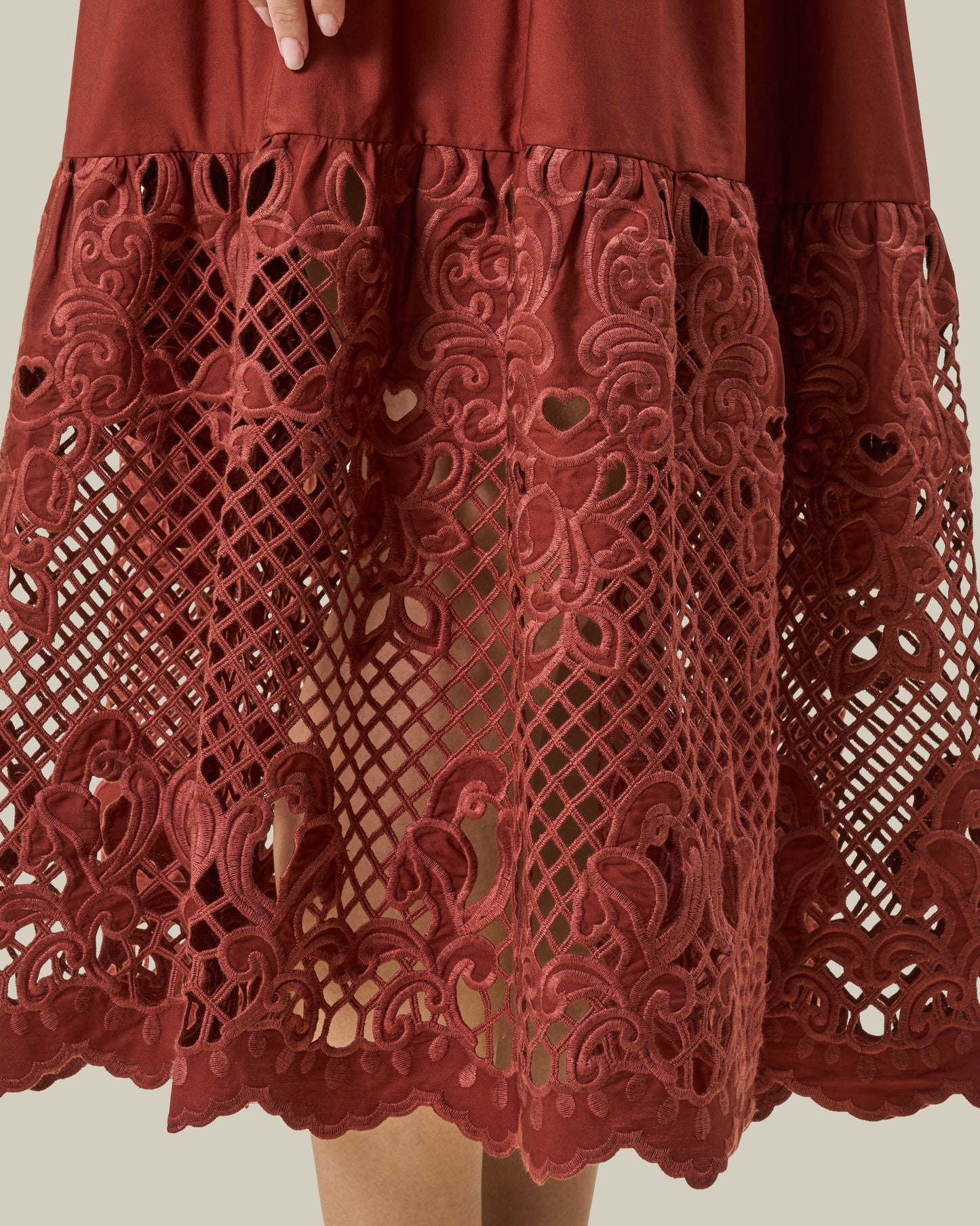 Terracotta Cutout Embroidery Midi Dress