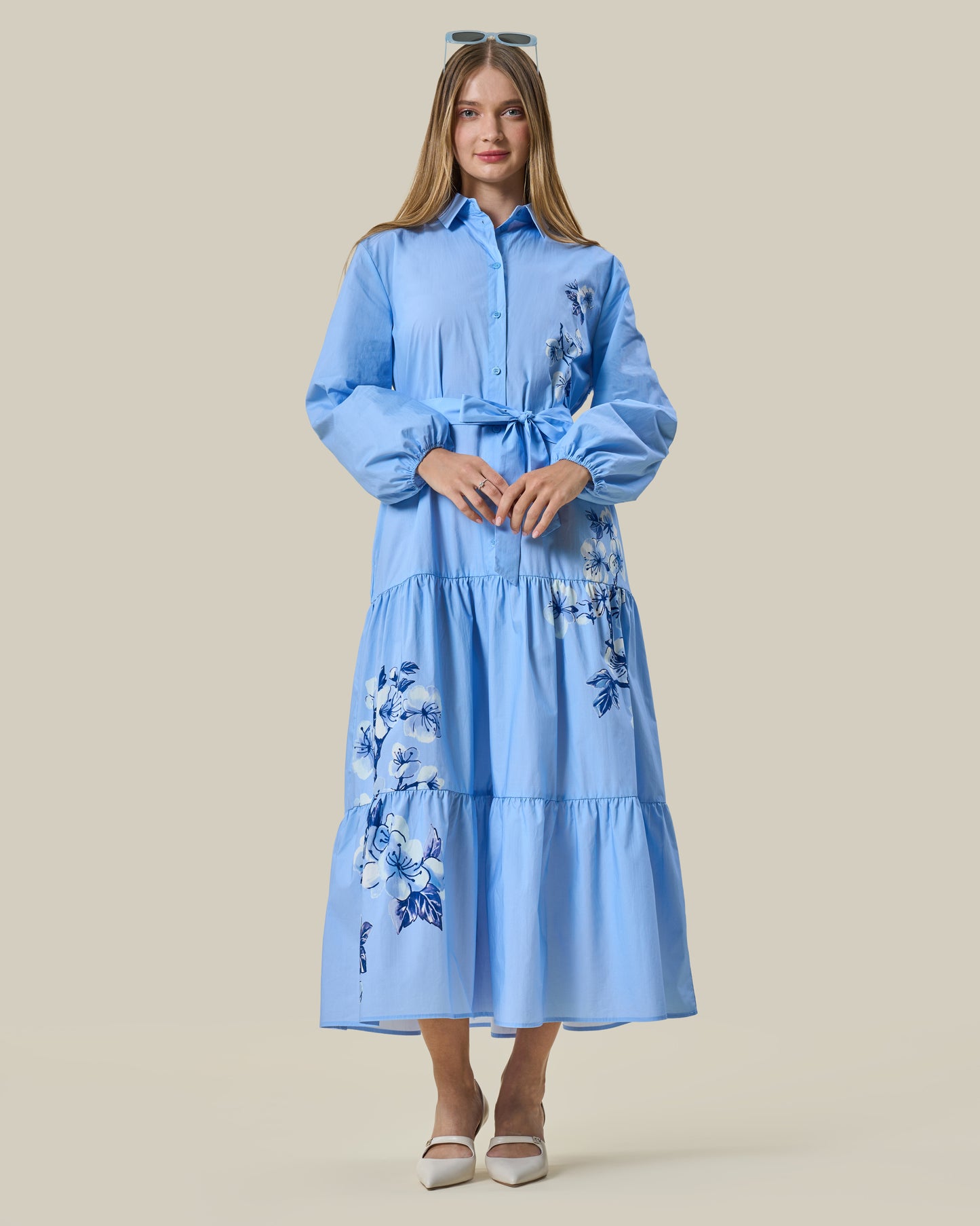 Cornflower Blue Embroidered Tiered Shirt Dress
