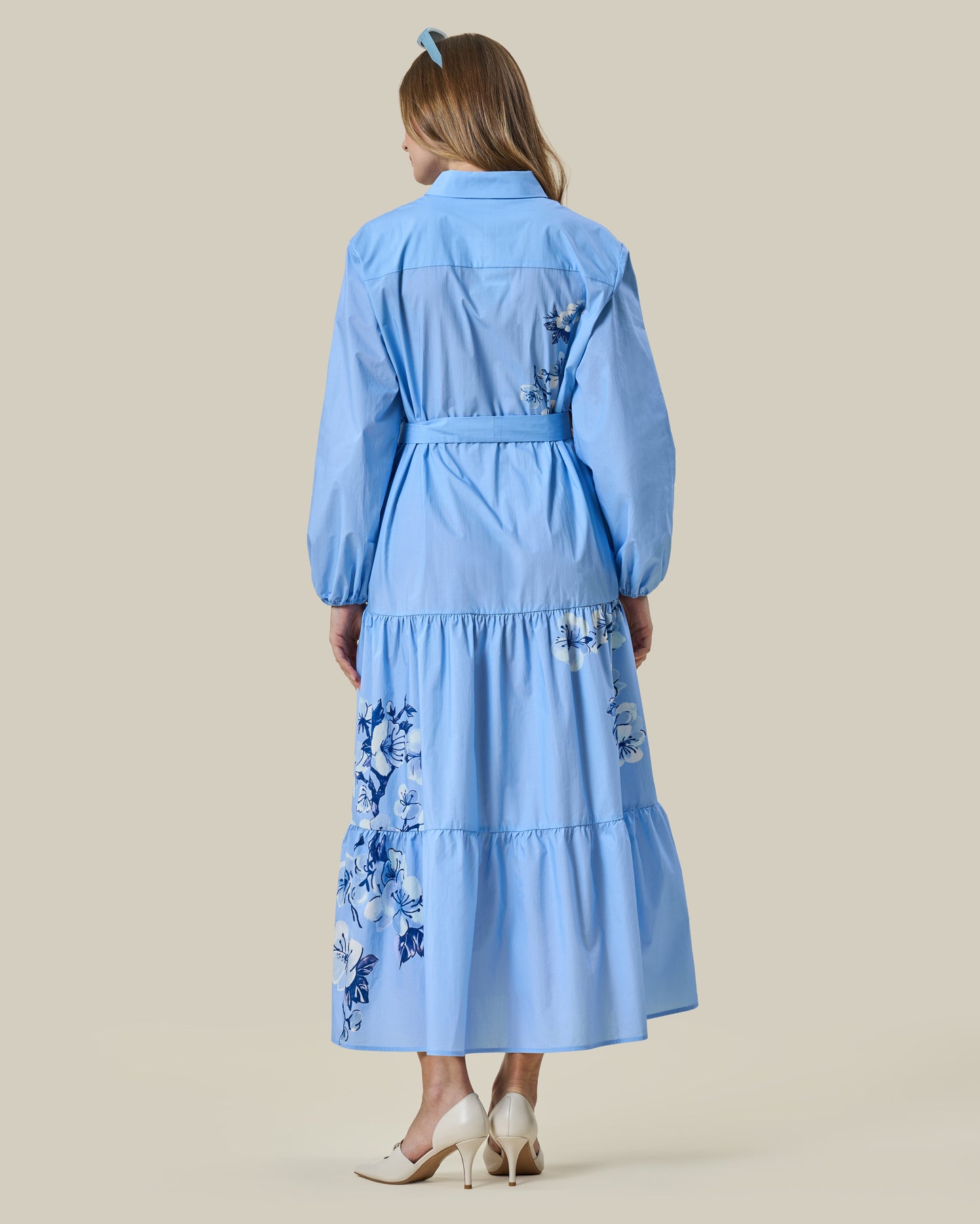 Cornflower Blue Embroidered Tiered Shirt Dress