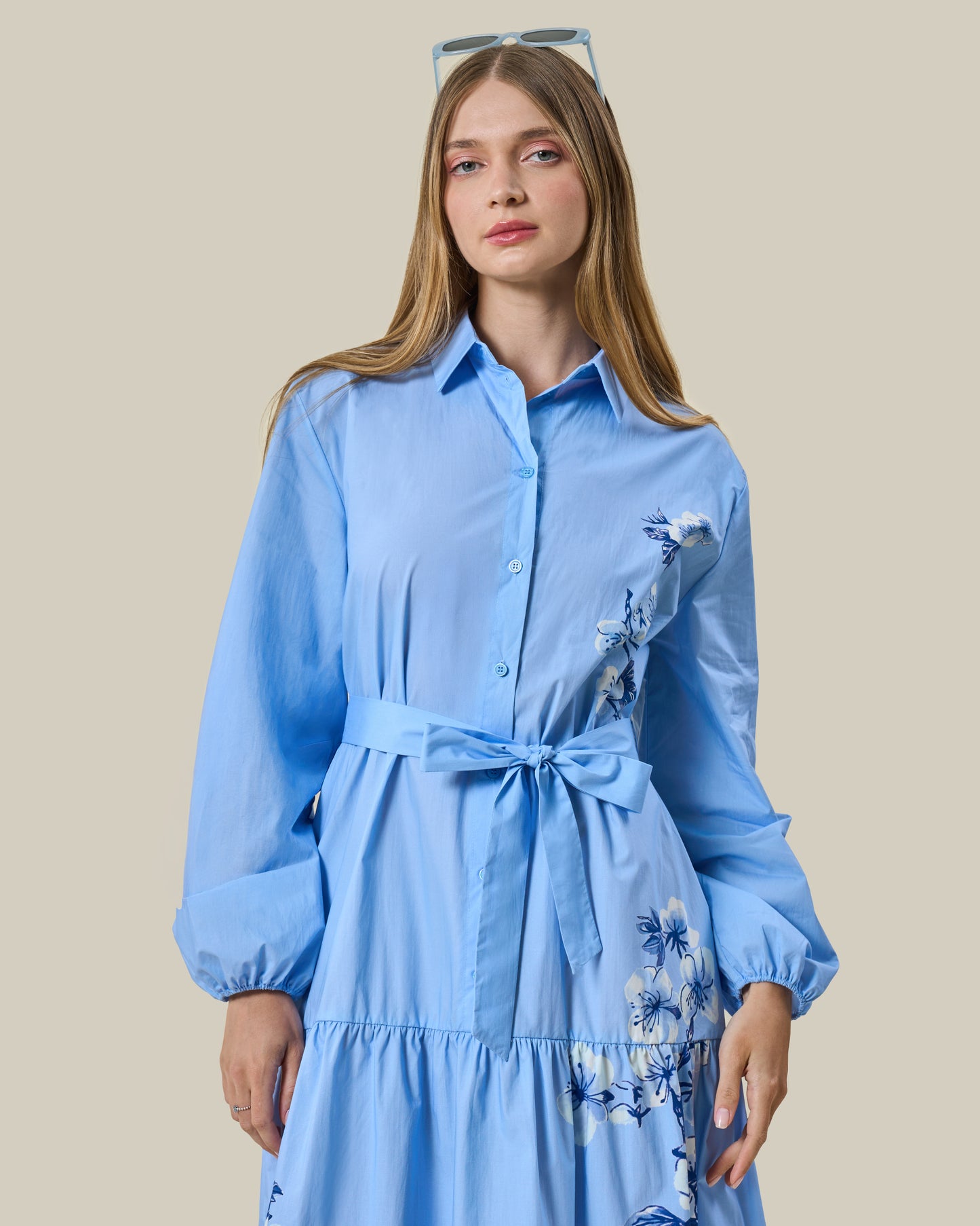 Cornflower Blue Embroidered Tiered Shirt Dress