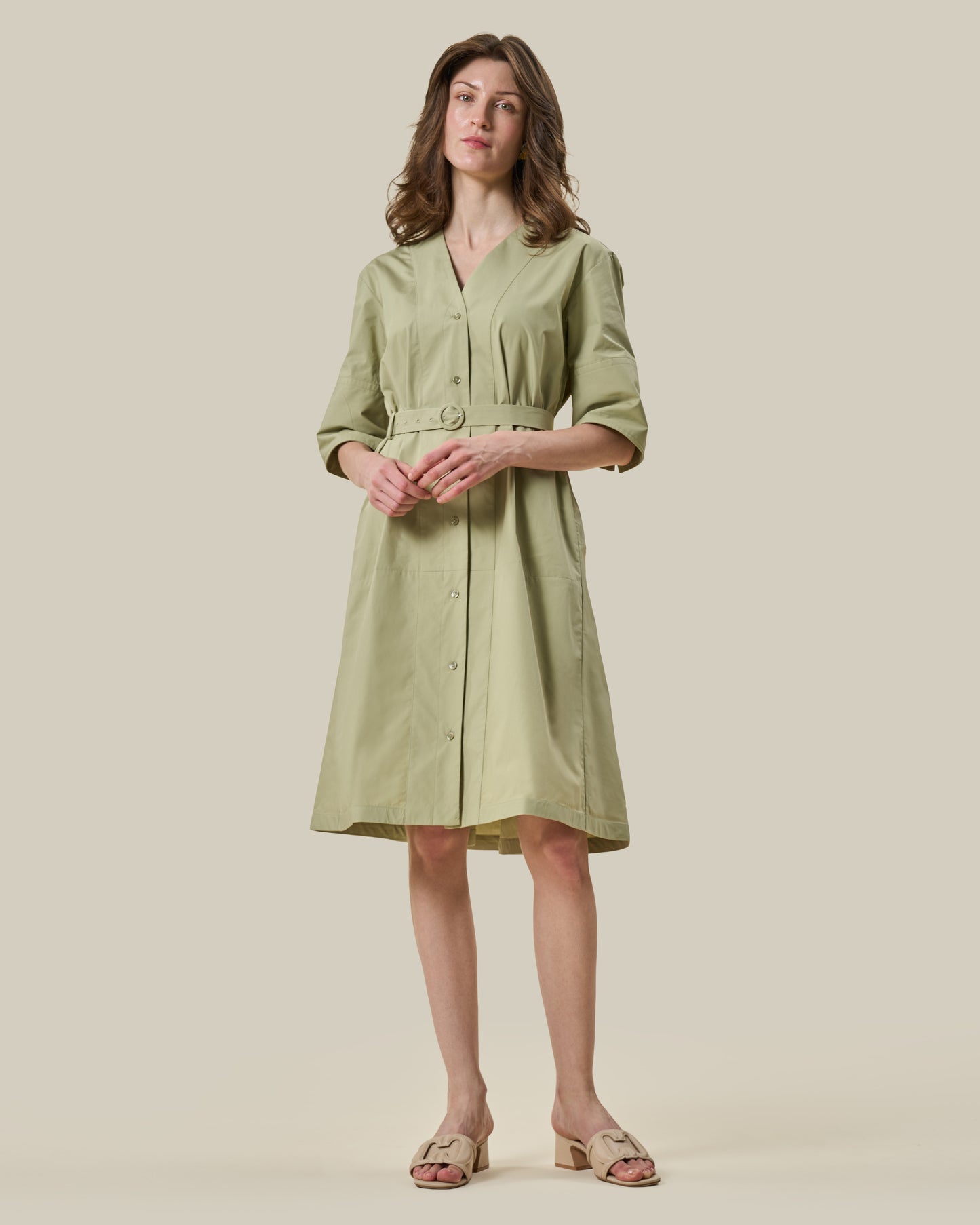 Sage Green Belted V-Neck Shirt Dress