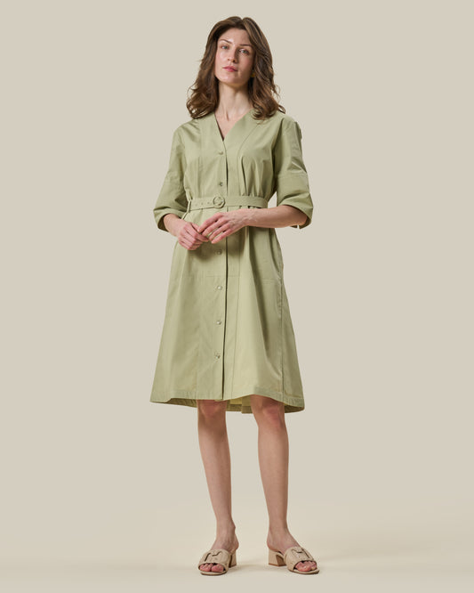 Sage Green Belted V-Neck Shirt Dress