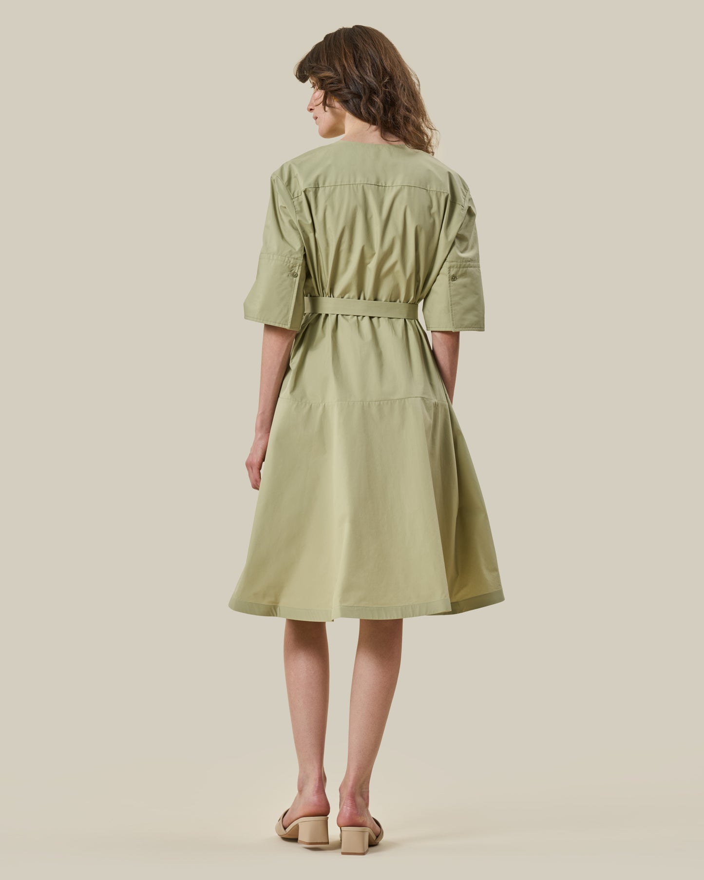 Sage Green Belted V-Neck Shirt Dress