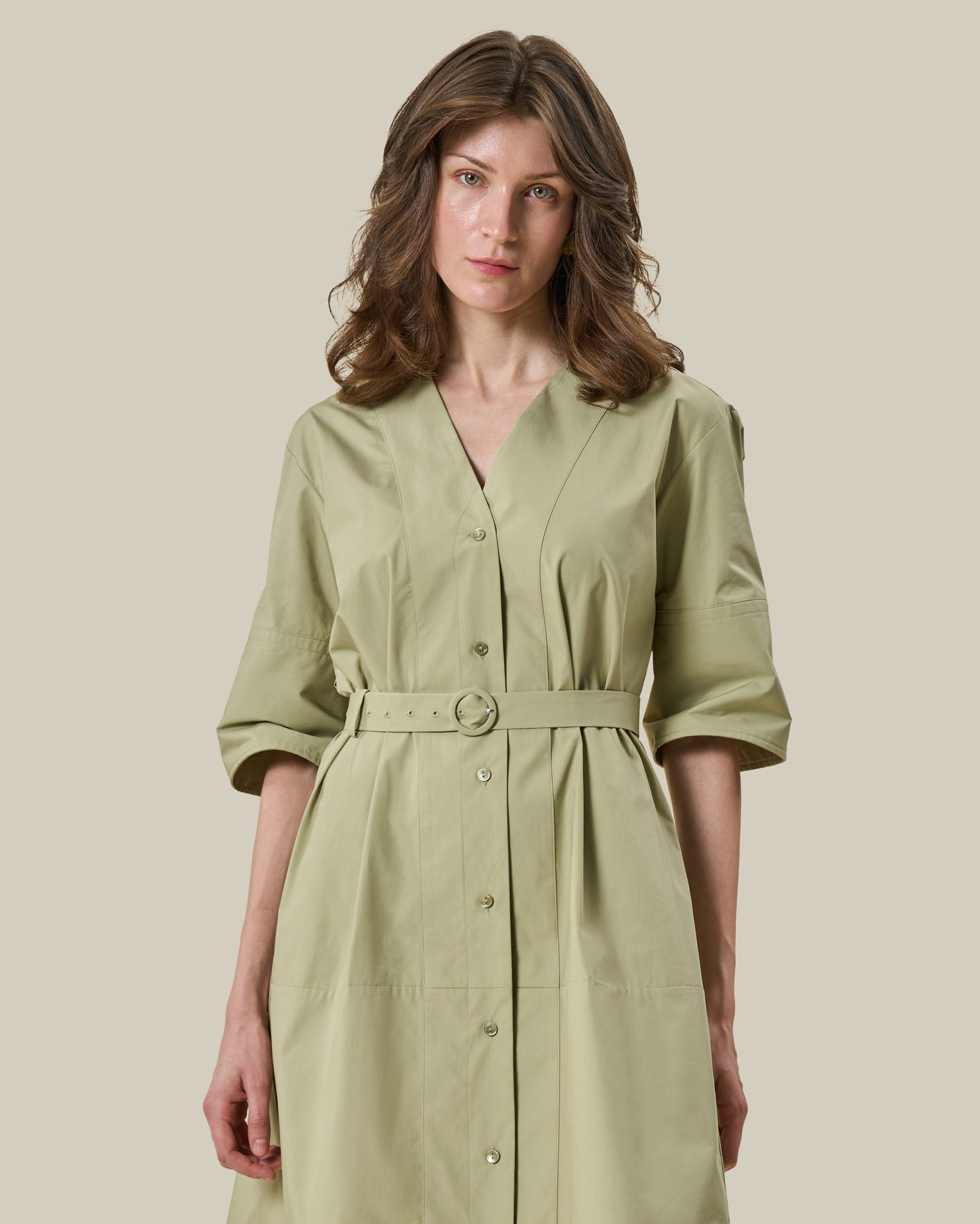 Sage Green Belted V-Neck Shirt Dress