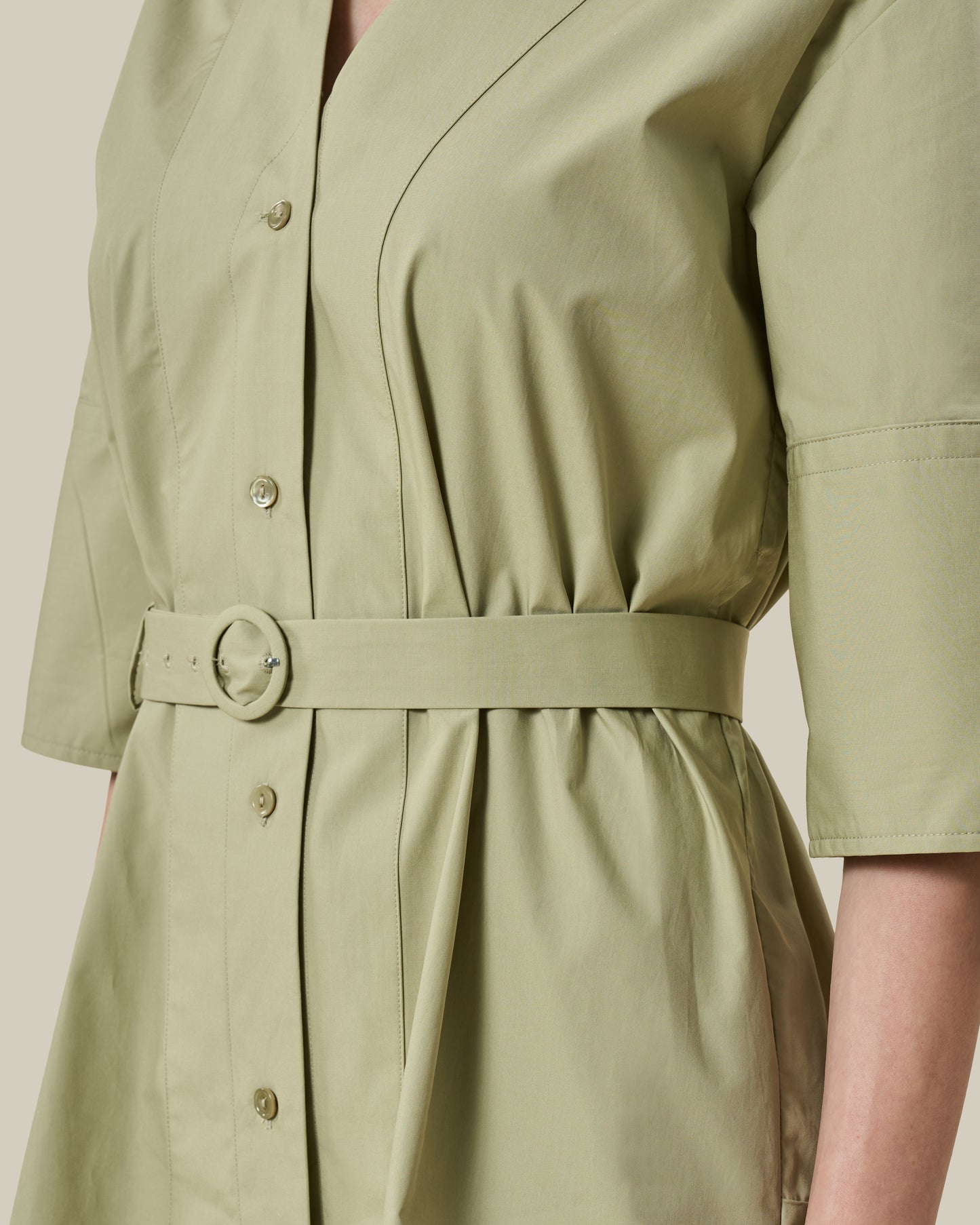 Sage Green Belted V-Neck Shirt Dress