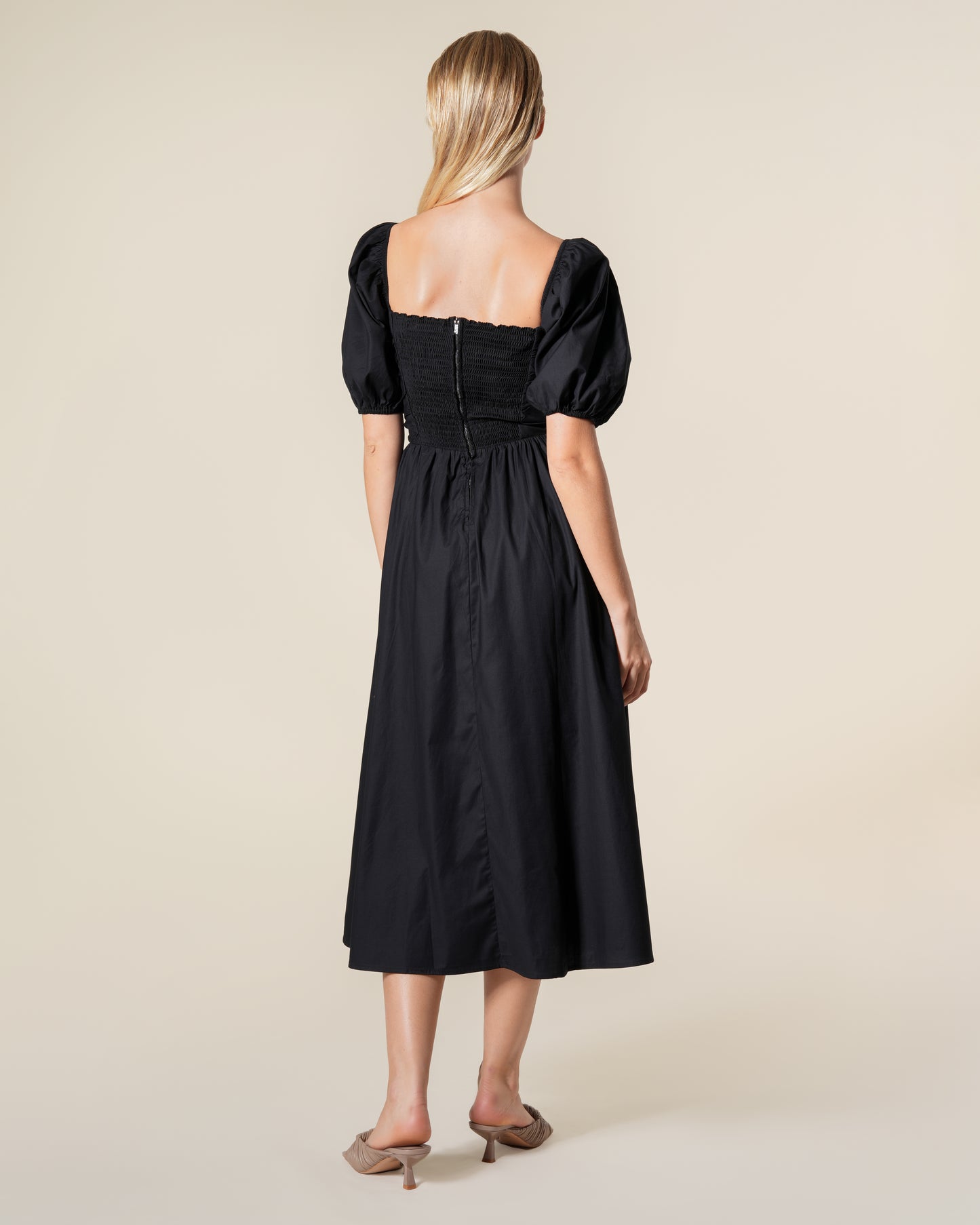 Puffed Sleeved Shirred Midi Dress
