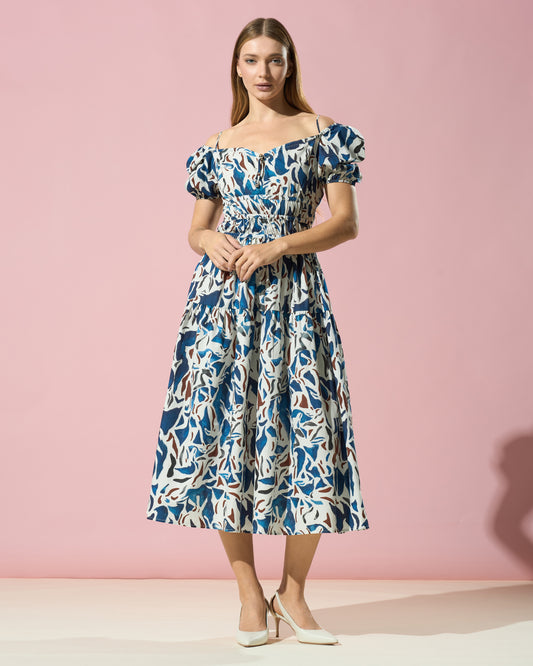 Abstract Puff-Sleeve Midi Dress