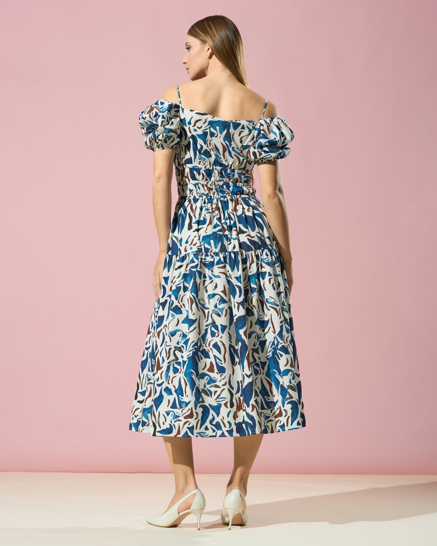 Abstract Puff-Sleeve Midi Dress