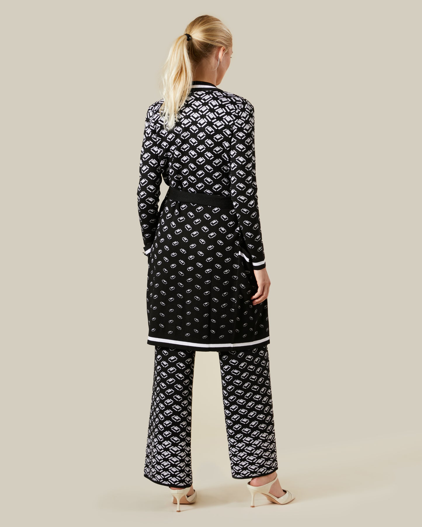 Geometric Patterned Belted Cardigan