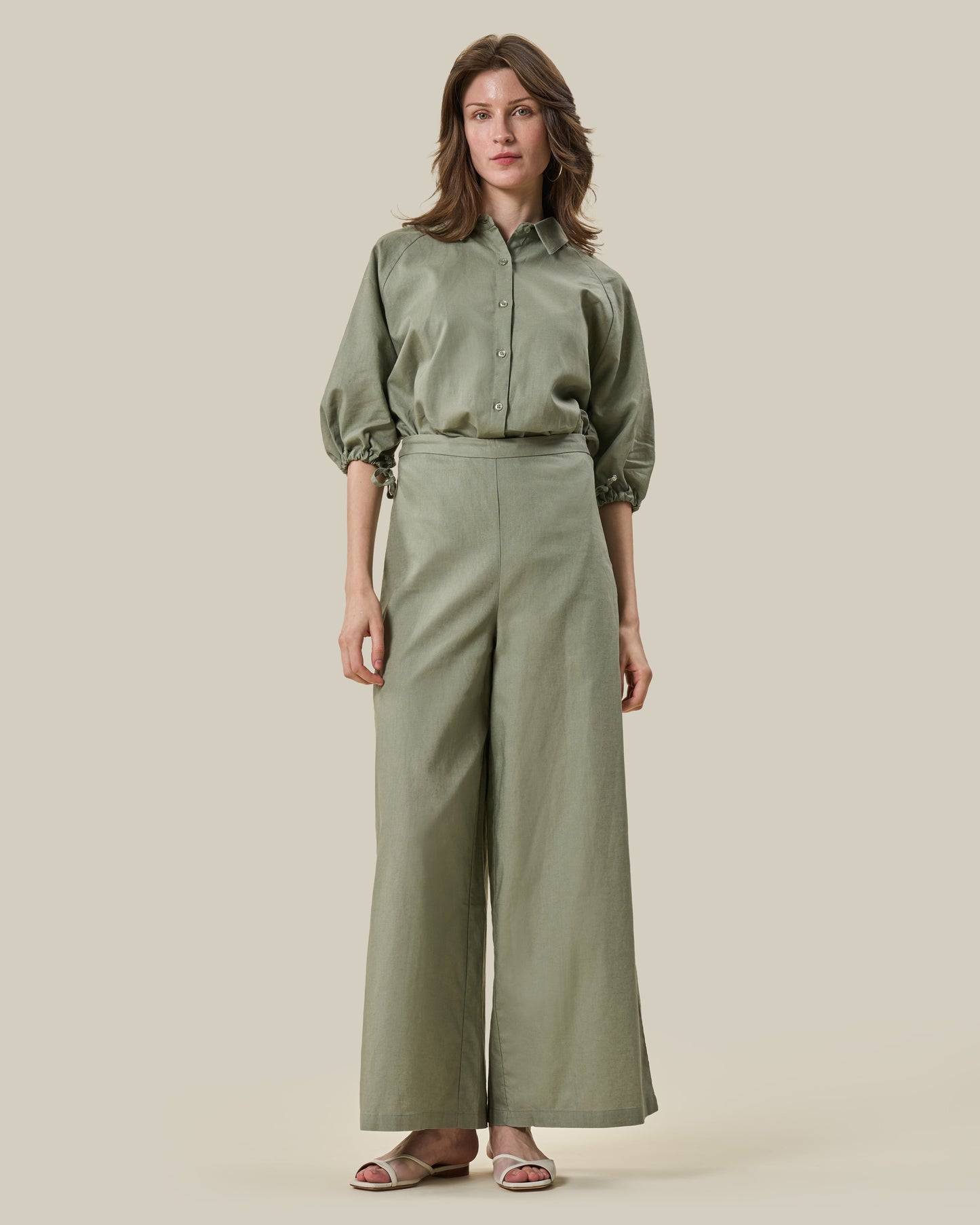 Sage Green High-Waist Wide-Leg Linen Trousers