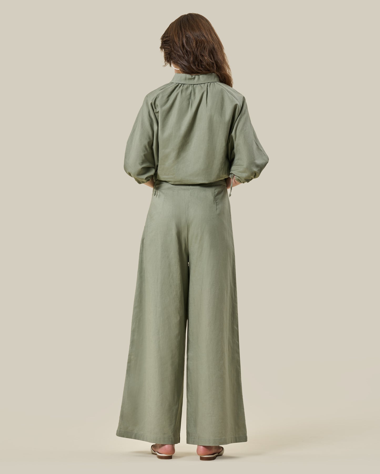 Sage Green High-Waist Wide-Leg Linen Trousers