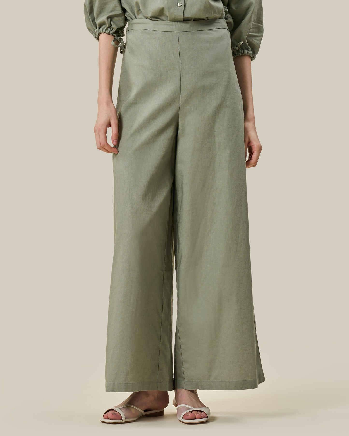 Sage Green High-Waist Wide-Leg Linen Trousers
