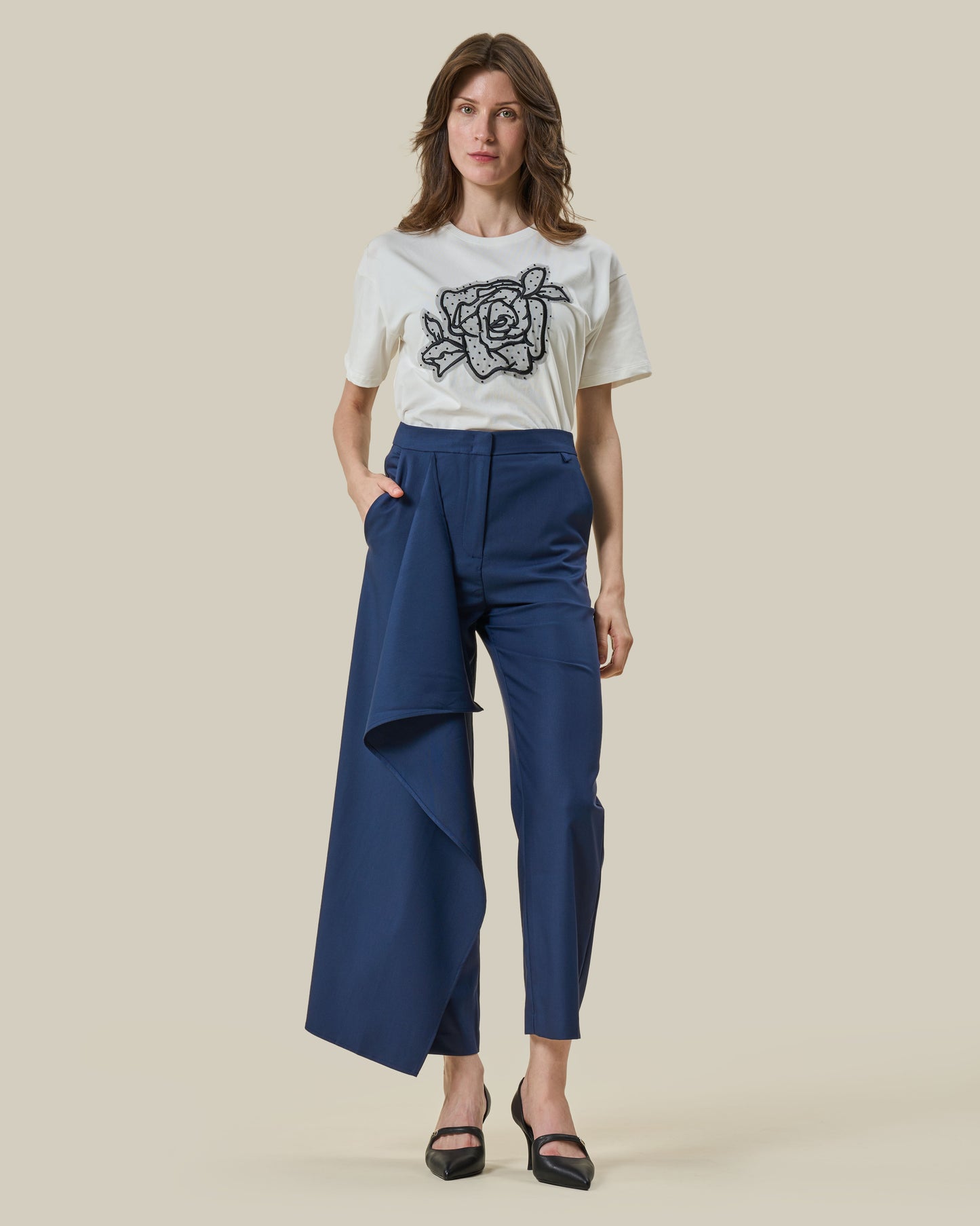 Navy Blue Asymmetric Draped Trousers