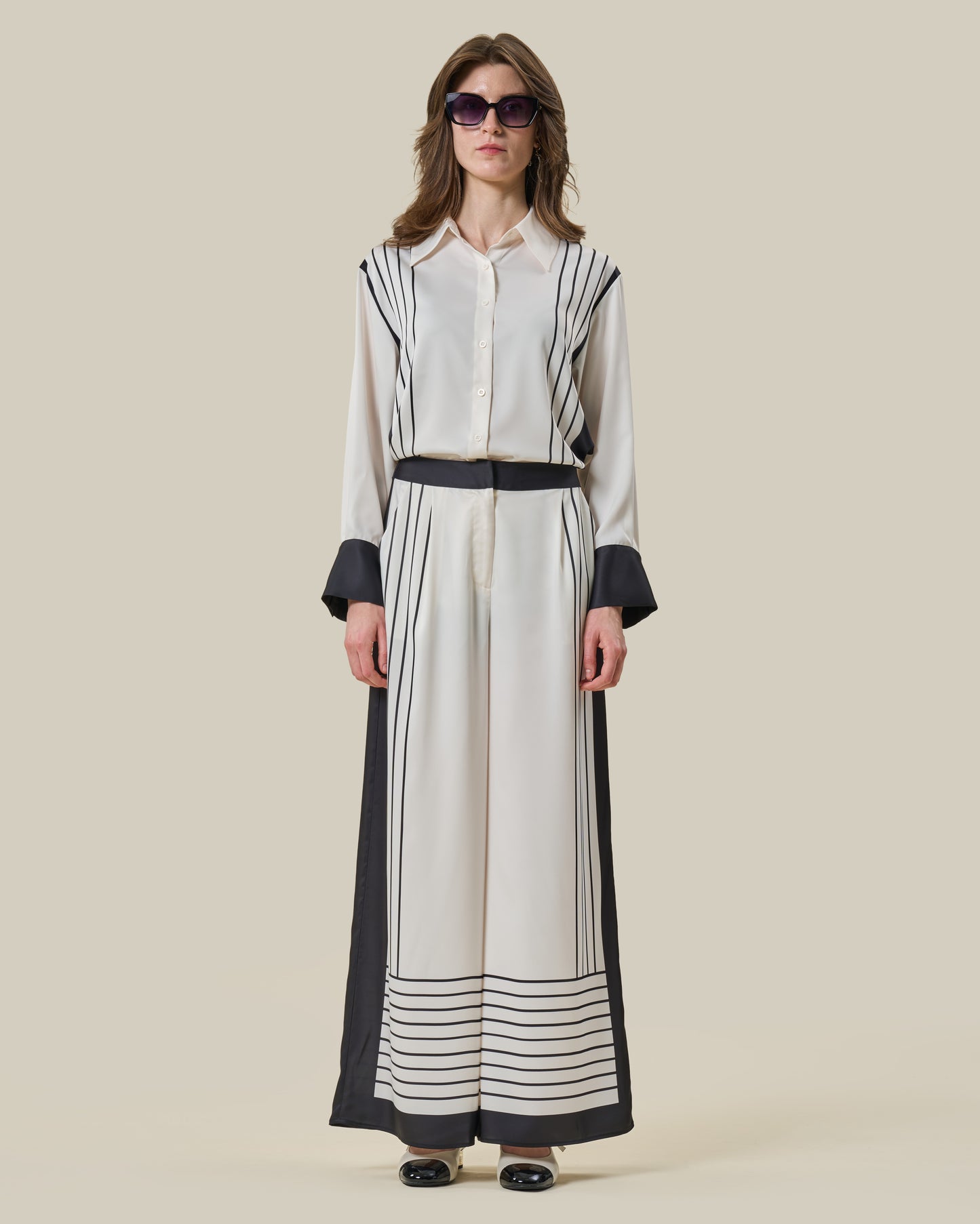 Stripe Print Silk Wide-Leg Trousers