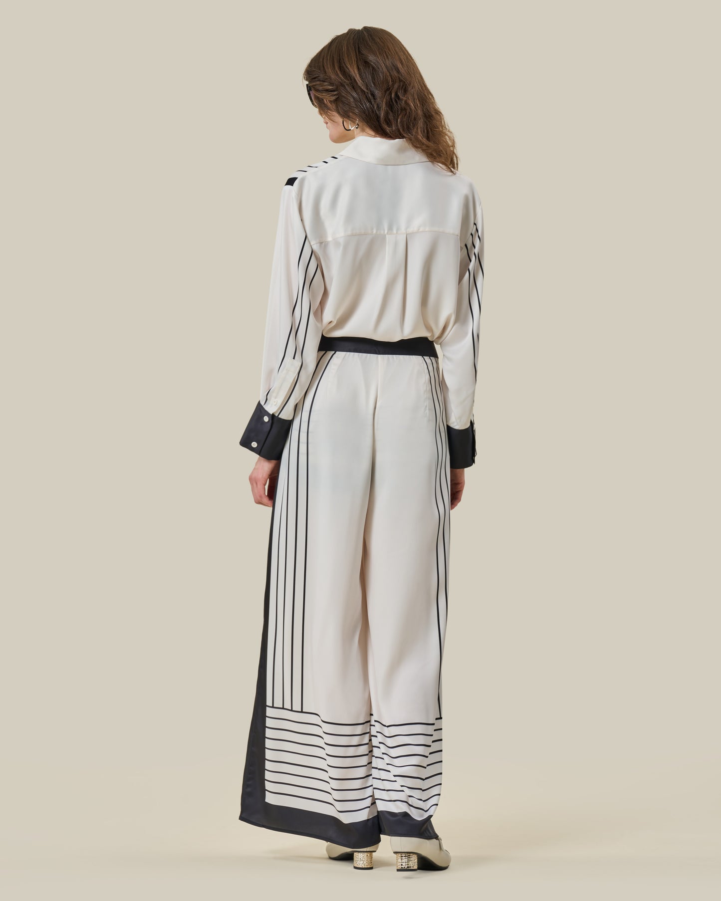 Stripe Print Silk Wide-Leg Trousers