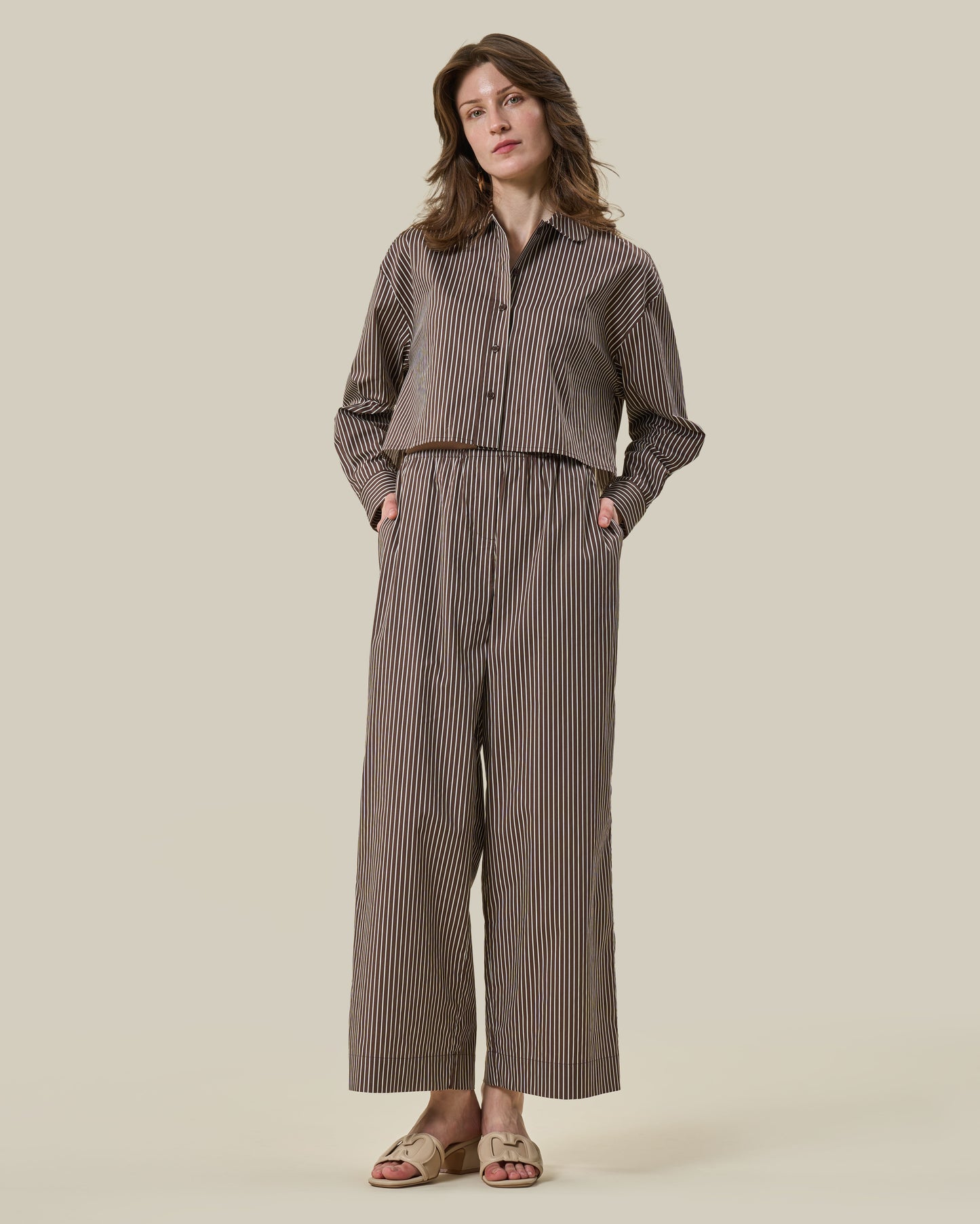 Brown Striped Elastic-Waist Trousers