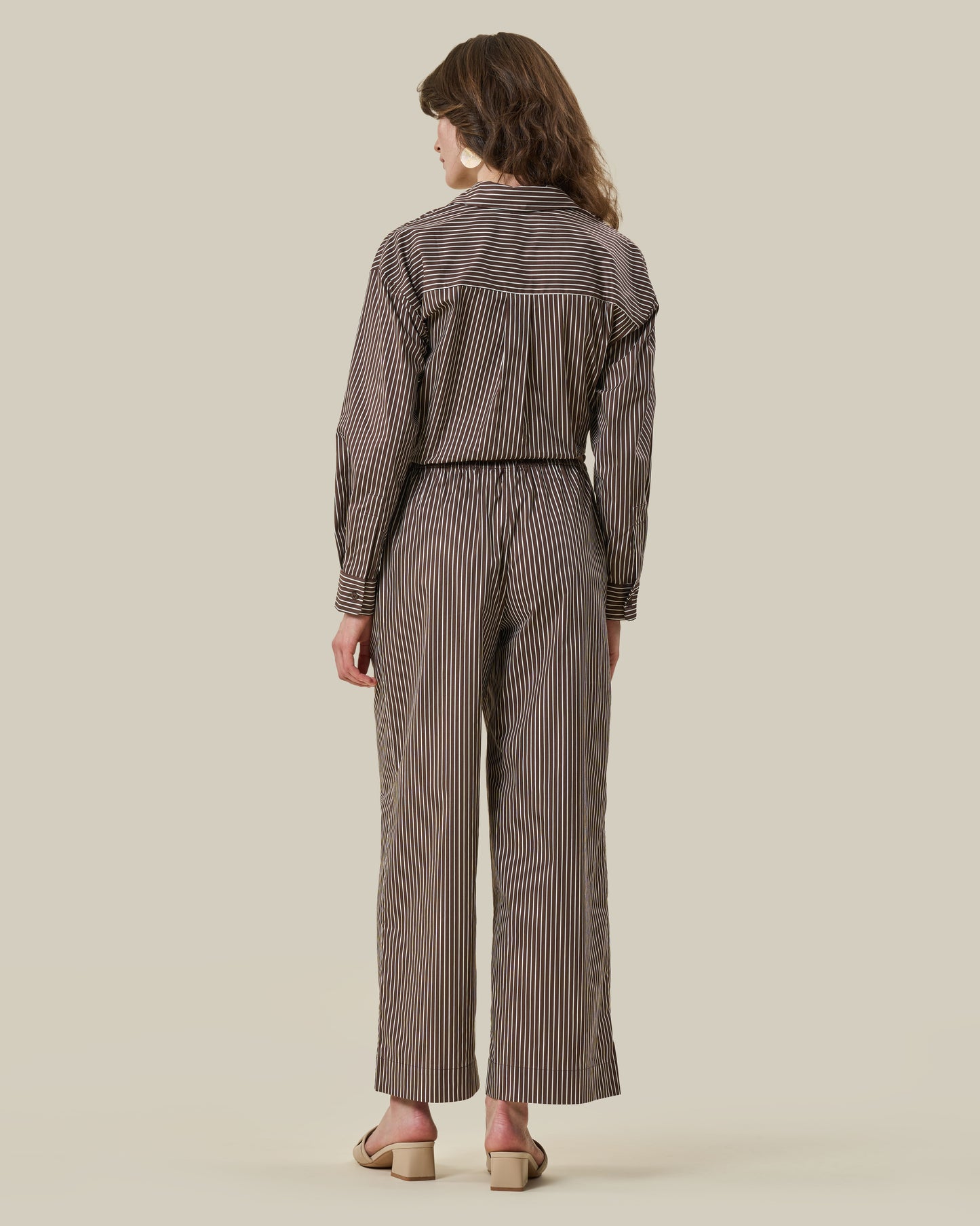 Brown Striped Elastic-Waist Trousers