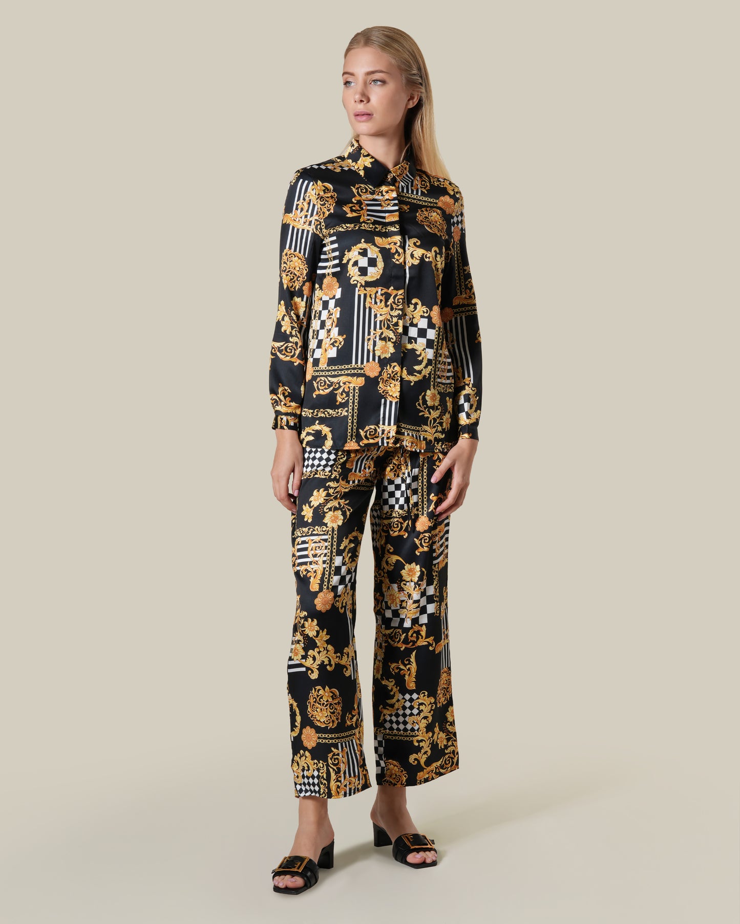 Geometric Baroque Printed Wide Leg Pants
